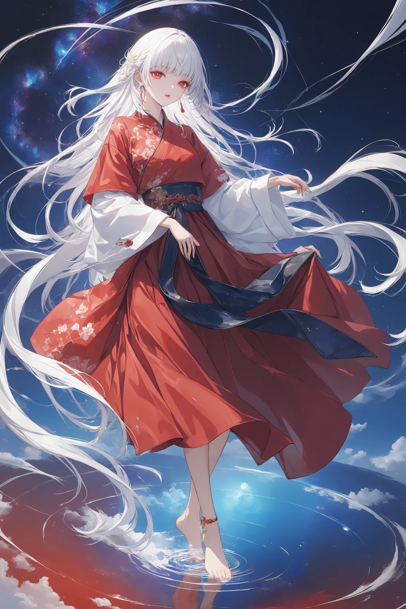 prompt[Character part ]  surrealistic illustration ,  girl, long straight white hair with full bangs, glowing red pupils( light red eyeshadow ),  hydrating lip makeup , and the red top is waxy and tight, Slightly wide cuffs with embroidered pattern. The red skirt is wide and the long skirt is lightweight, It looks elegant with an embroidered belt around the waist， barefoot， head tilted 15 degrees,  nebula texture long hair [ environmental part ] Background wallpaper( changing Fibonacci sequence),  ground galaxy reflection , Multiple biological projection on the bottom left [ style parameters ] Klein blue dominant color ,  laser light effect ,  Escher-style contradictory perspective ,  ceramic crack texture , 800% detailed accuracy 