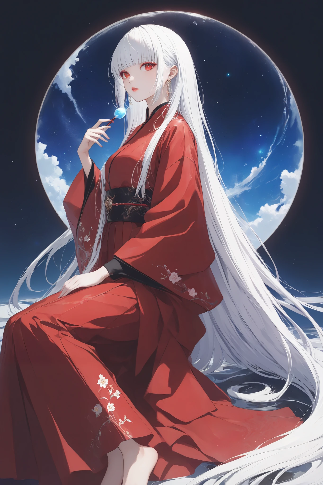 prompt[Character part ]  surrealistic illustration ,  girl, long straight white hair with full bangs, glowing red pupils( light red eyeshadow ),  hydrating lip makeup , and the red top is waxy and tight, Slightly wide cuffs with embroidered pattern. The red skirt is wide and the long skirt is lightweight, It looks elegant with an embroidered belt around the waist， barefoot， head tilted 15 degrees,  nebula texture long hair [ environmental part ] Background wallpaper( changing Fibonacci sequence),  ground galaxy reflection , Multiple biological projection on the bottom left [ style parameters ] Klein blue dominant color ,  laser light effect ,  Escher-style contradictory perspective ,  ceramic crack texture , 800% detailed accuracy 
