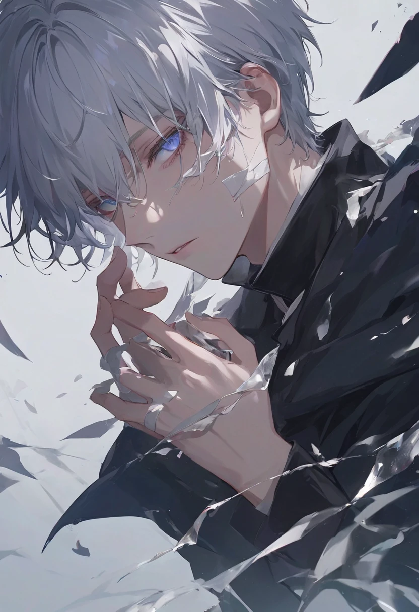 A pale-skinned male character with hollow cheeks, high cheekbones, and a sharply defined jawline, exuding an elegant yet sorrowful aura. His slightly parted lips reveal a hint of vulnerability, while his intense, deep-set eyes gleam with haunting emotion. His irises are strikingly vivid, with intricate details and a mesmerizing depth that draws the viewer in. His silver-white hair, though unkempt, flows with silky highlights, each strand meticulously rendered to capture a lifelike texture. The soft glow of dim light accentuates the delicate contours of his face, emphasizing the contrast between shadow and illumination. His tattered black coat, frayed at the edges, drapes over his slender frame, while loose, weathered bandages wrap around his hands, adding a sense of mystery and suffering. The atmosphere is dark and misty, enveloping him in an air of solitude and melancholy. Ultra-high-definition anime-style illustration, with hyper-detailed facial features, crystal-clear eyes, and a breathtaking level of realism in textures and lighting.