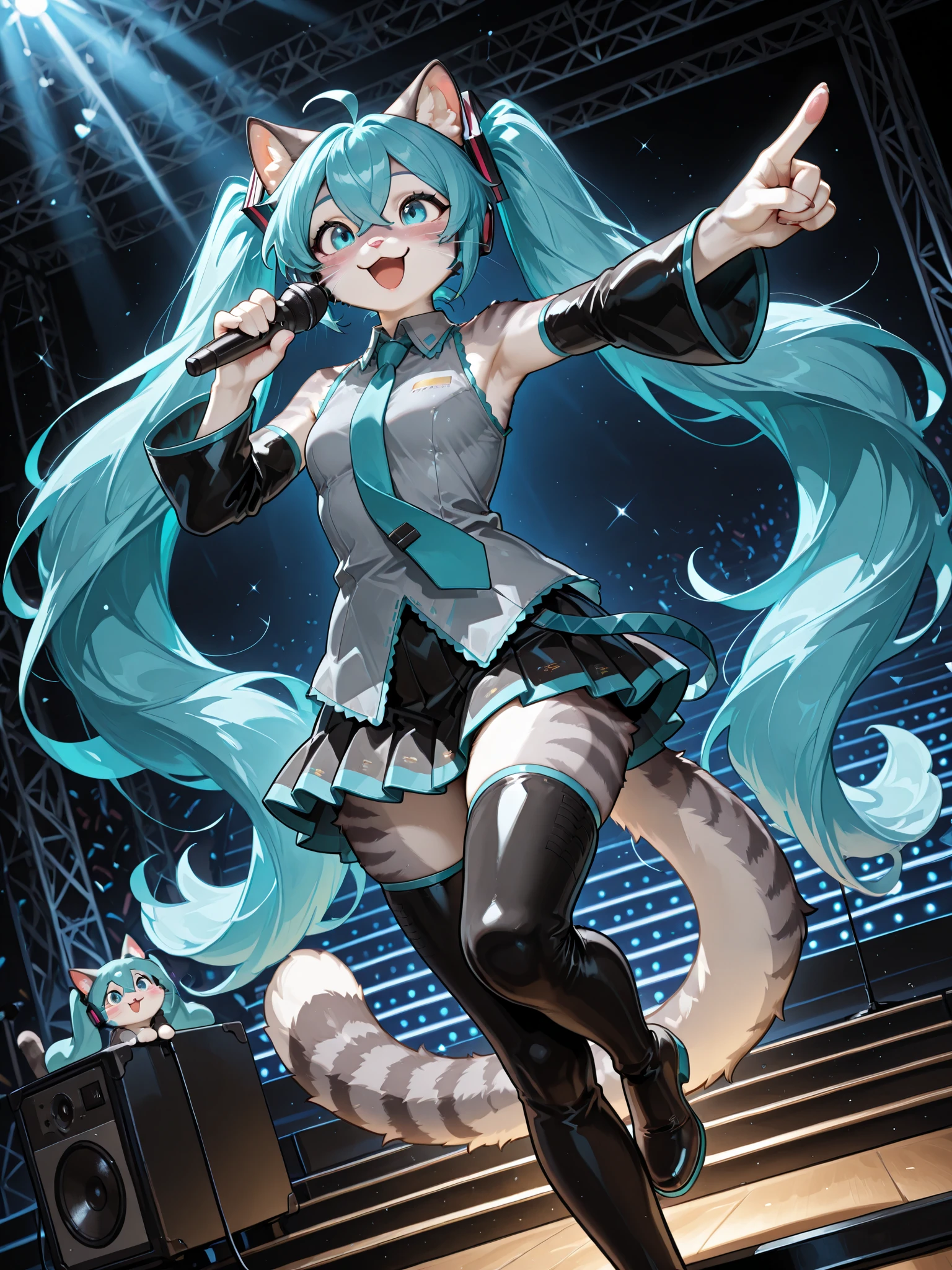 , Masterpiece, best quality, absurd res, anthro, katXL, countershading, adult female, Anthro furry feline, blue eyes, grey striped fur, :3, snout, cheek fluff, pink nose, whiskers, miku hatsune, ahoge, aqua eyes, aqua hair, crossed bangs, hair between eyes, hair ornament, headphones, long hair, twintails, aqua necktie, black footwear, black skirt, black sleeves, boots, collared shirt, detached sleeves, grey shirt, necktie, pleated skirt, shirt, skirt, sleeveless, sleeveless shirt, thigh boots, tie clip, standing on a concert stage, holding a microphone, singing into the microphone, one leg up, she is very happy, she is pointing out, low angle shot, blushing, Dutch angle, she is looking ahead, BREAK photorealistic details, detailed fur, detailed hair,