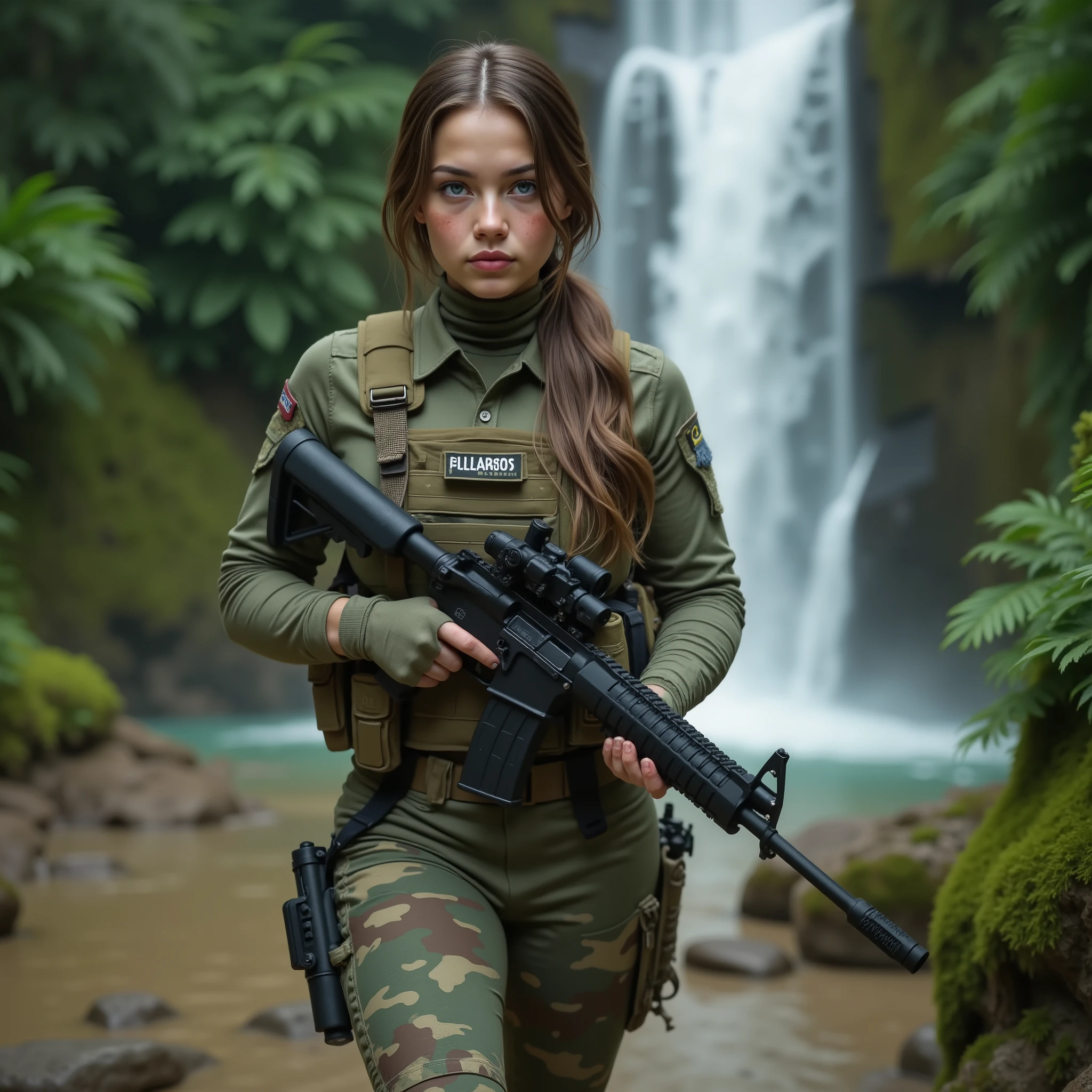 (masterpiece, high quality, high resolution, photorealistic, ultra realistic), full body, beautiful college girl, white skin, light blue eyes, perfect thin nose, sensual face, long straight brown hair, freckles appear below the eyes and neck. The image is captured from a medium and slightly low angle, highlighting the character walking through a natural jungle environment, with a waterfall in the background. The camera is positioned at chest height, emphasizing her strong and determined posture. The subtle blur of the background creates a cinematic effect, bringing depth to the image. The character is in motion, walking confidently through shallow, damp terrain, with a modern tactical rifle resting on her chest. One of her hands firmly holds the weapon, while the other is relaxed at her side, ready for action. Her gaze is serious and focused, directed at a point ahead, as if she were on a tactical mission. Her face conveys determination and experience. The character wears a camouflage tactical military uniform, consisting of a long-sleeved shirt, reinforced pants, and a tactical vest equipped with various accessories and ammunition pockets. She wears fingerless gloves and a fitted sling to easily carry her weapon. Her rifle is modern, with accessories such as advanced sights and a built-in flashlight. Her hair is tied in a ponytail or side braid, ensuring practicality during the mission. Her face has discreet makeup and traces of dirt or sweat, evidencing the wear and tear of the operation. The setting is a dense, tropical jungle, with an imposing waterfall in the background. The flow of water creates a natural effect of light mist, adding a dramatic touch to the scene. The surrounding vegetation is lush, with vibrant shades of green, moss covering some rocks, and the crystal-clear water reflecting the light of the environment. The ground is composed of rocks and mud, suggesting a challenging and realistic environment for military operations.