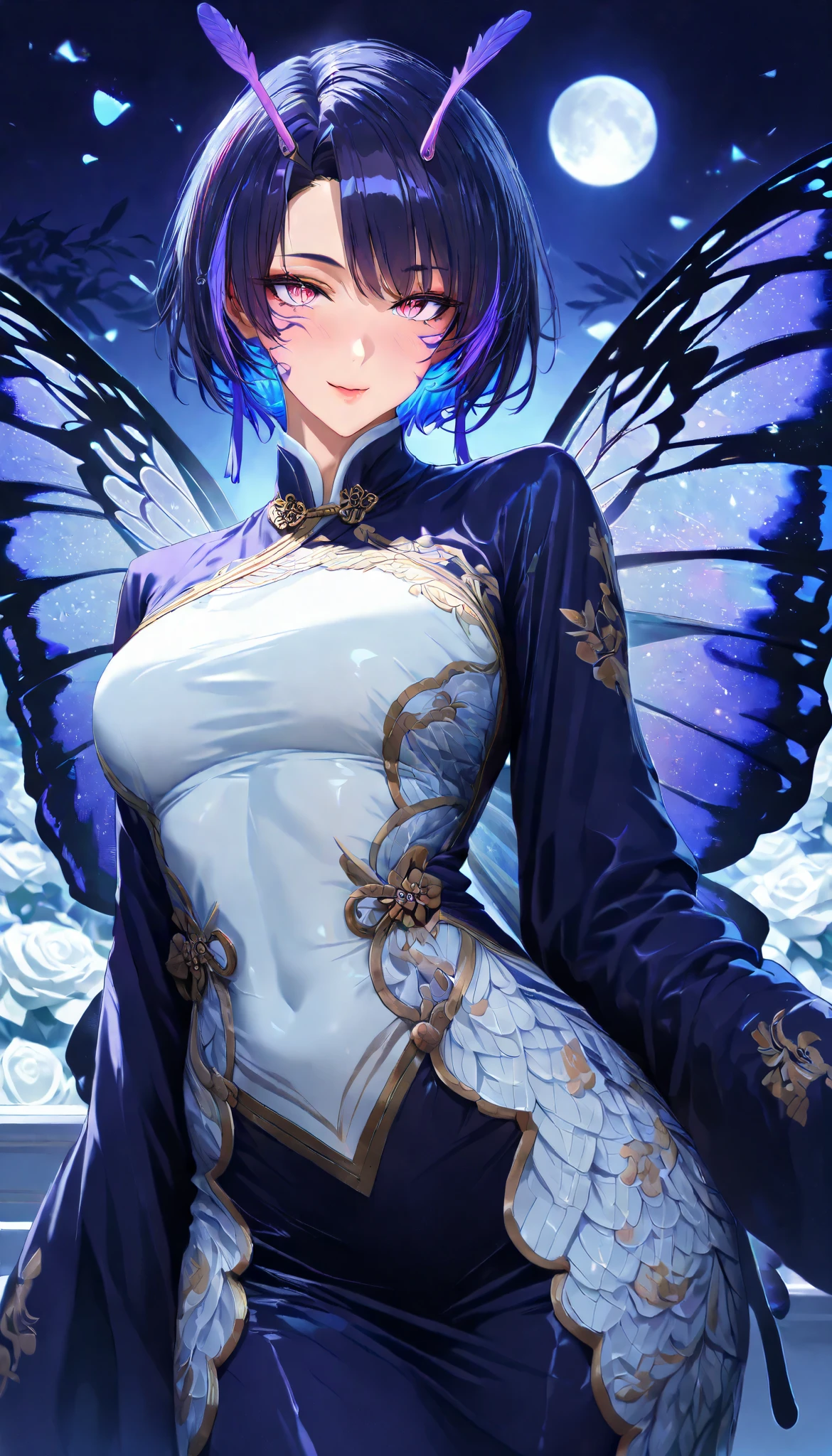 SOLO, A Butterfly Female ,Perfect body ,Shiny skin, (multicolored hair, short hair), A pair of Butterfly antennae,  purple insect eye,red slit pupils, A pairs of Butterfly wings, Wearing A Vibrant Cheongsam with Butterfly characteristics, In the White Rose Garden(Chinese classical garden), butterfly scale powder, Torogao, seductive smile, Outside, Midnight,Full moon, UHD, anatomically correct, masterpiece, textured skin, high details, highres, 1080P, 16k, accurate，Beautiful face, Perfect face, Highly detailed beautiful face and eyes, Attractive face, Detailed face, Delicate facial features, Detailed skin,Cowboy shot
