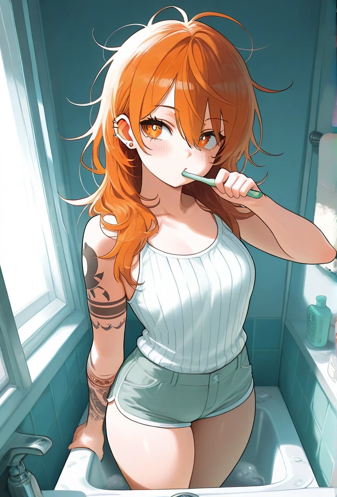 20 year old female, long orange hair, messy hair, ponytail, perfect eyes, perfect blue irises, perfect pupils, thick thighs, oversized otaku shirt, black shorts, many ear piercings, eating popsicle, sweaty, blushing smile, apartment kitchen, otaku, standing in front of sink, highly detailed, best detail, best hands, right forearm tattoo, perfect tattoo, perfect hands, perfect fingers, perfect anatomy 