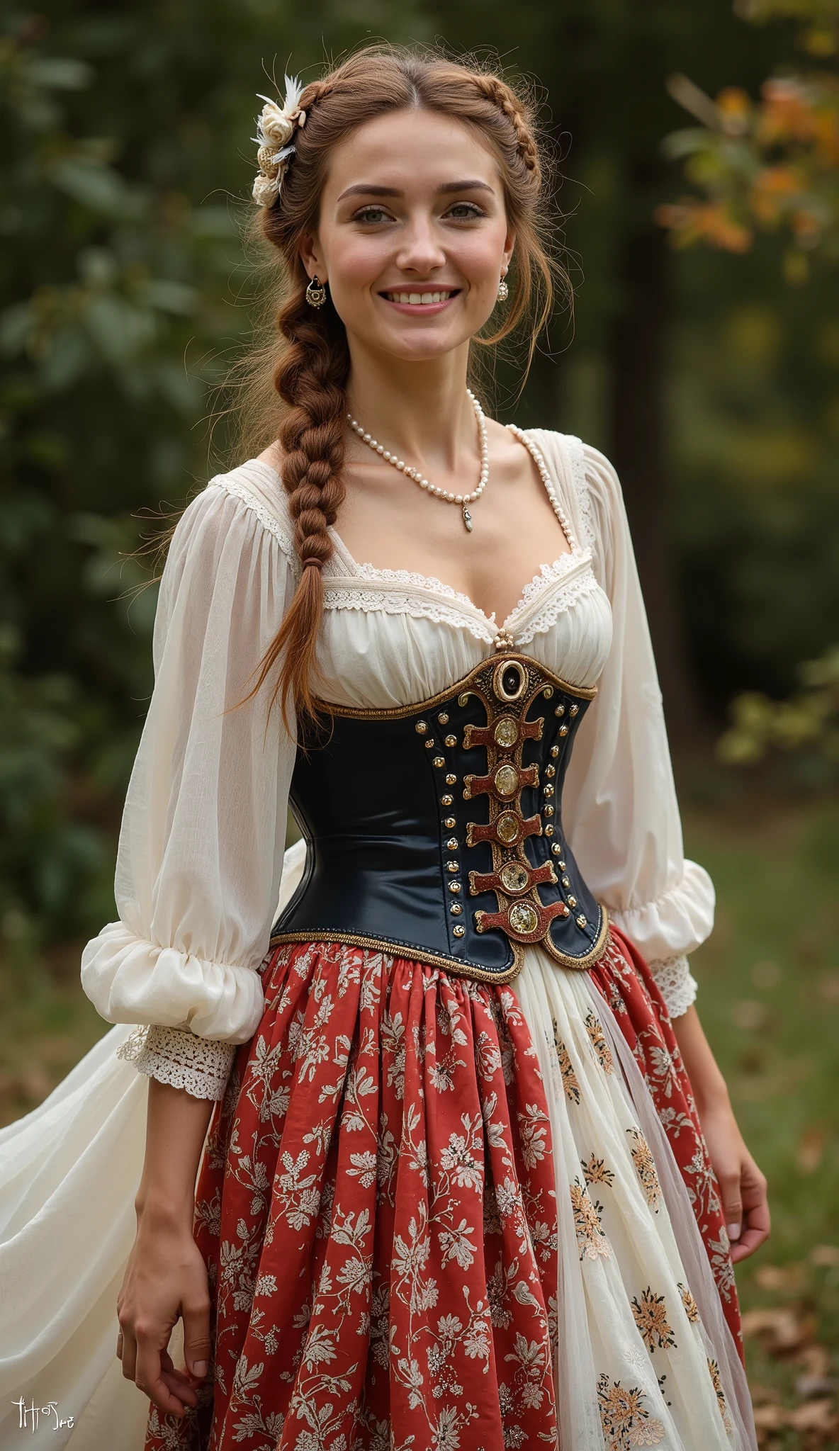 A beautiful 20-year-old American woman walks gracefully, wearing an exquisite traditional outfit that represents the cultural heritage of the United States. She has an ideal physique, moving with elegance and confidence, exuding an air of charm and sophistication. Her captivating eyes and radiant smile reflect grace and warmth, embodying both tradition and modern beauty.

Her hairstyle follows traditional American cultural influences, possibly in soft curls, a braided updo, or styled in a way reminiscent of colonial-era elegance. She may also wear a bonnet, a delicate lace headpiece, or a feathered hat, reflecting the historic fashion of early America.

She is dressed in a traditional American folk dress, inspired by colonial-era clothing, pioneer dresses, or Native American attire, depending on the representation of heritage. The outfit consists of a fitted bodice, elegant embroidery, and a flowing skirt with lace or intricate patterns, embodying American historical fashion. The colors of her attire harmonize with the American flag, symbolizing patriotism and heritage.

Her accessories are carefully chosen, including a delicate pearl necklace, a vintage brooch, or handcrafted jewelry, adding a touch of timeless beauty. A corset-style bodice accentuates her silhouette, while a light shawl or cape drapes elegantly over her shoulders, enhancing her refined presence.

She is captured in a three-quarter body portrait, walking with grace and poise, her gaze serene yet confident. The background is softly blurred, ensuring she remains the central focus of the image. Every detail of her dress, accessories, and hairstyle showcases the cultural richness and historical elegance of the United States, creating a mesmerizing and refined scene.












