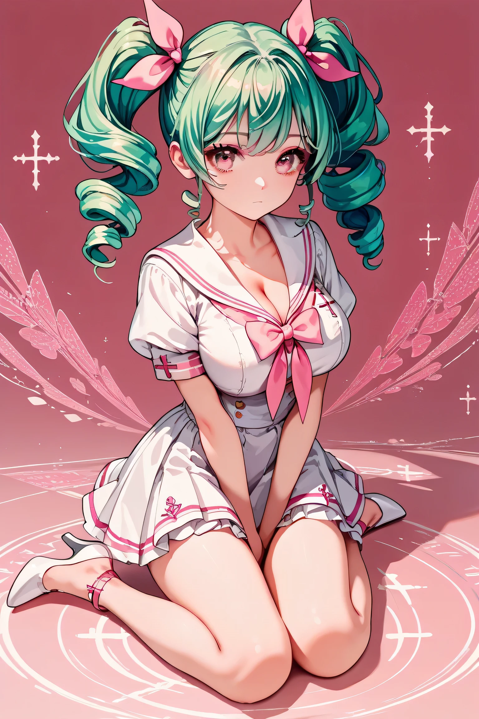 score_9, score_8_up , score_7_up ,source_anime,1cute girl, EMERALD hair, pattern , twin tails,twin drills, pink ribbon, expressionless, , cute white sailor suit with pink lines, miniskirt, pink eyes, white high heels, cleavage,nsfw,cross arms in front,