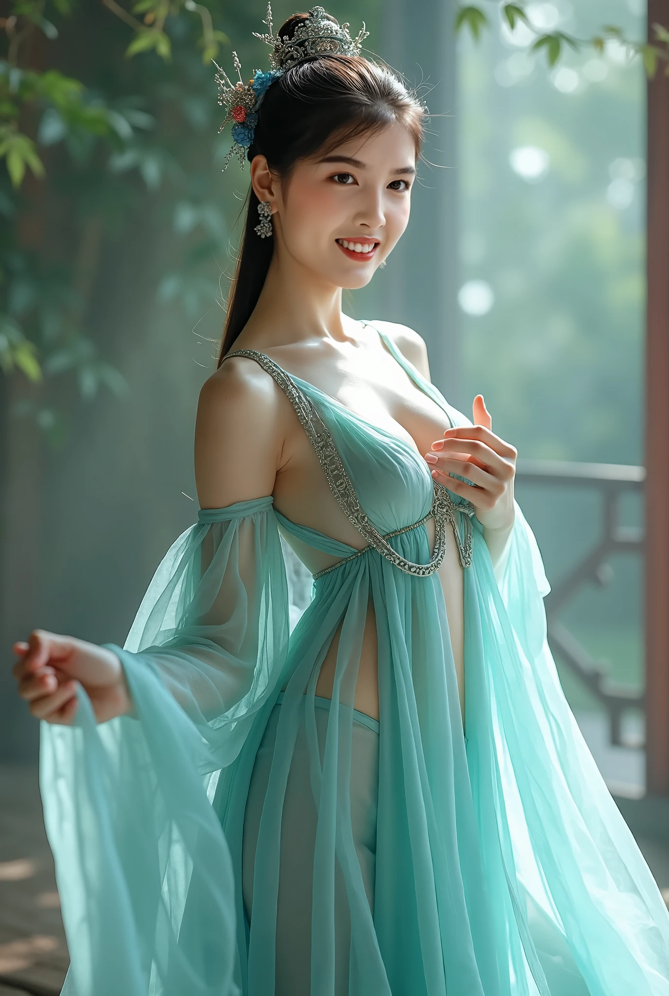 best quality,masterpiece,extremely Detailed details,high resolution,8k,intricate details,realistic,photorealistic,dramatic lighting, 1girl,dunhuang_clothes,dunhuang_dress,small breasts,no bra, no panties, partially hidden by the clothing,(see-through:1.3),Through a thin veil,glimpses of breasts are visible,creating an alluring and suggestive effect,reveals glimpses of her skin and the contours of her chest, cowboy shot,dancing,
