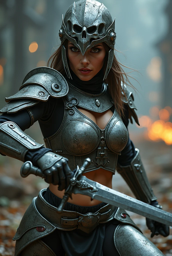 The image features a female warrior in a gaming interface, with a fantasy armor and a sword in her hand, displaying a mix of power and elegance.