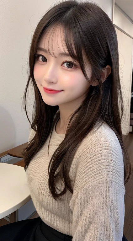 masutepiece, Best Quality, Illustration, Ultra-detailed, finely detail, hight resolution, 8K Wallpaper, Perfect dynamic composition, Beautiful detailed eyes, black long sleeve knit dress,Straight hair,small tits,Natural Color Lip, Randomly sexy poses,Smile,Harajuku、20 years girl、Cute、Sexy shot looking at camera,Perfect and beautiful face