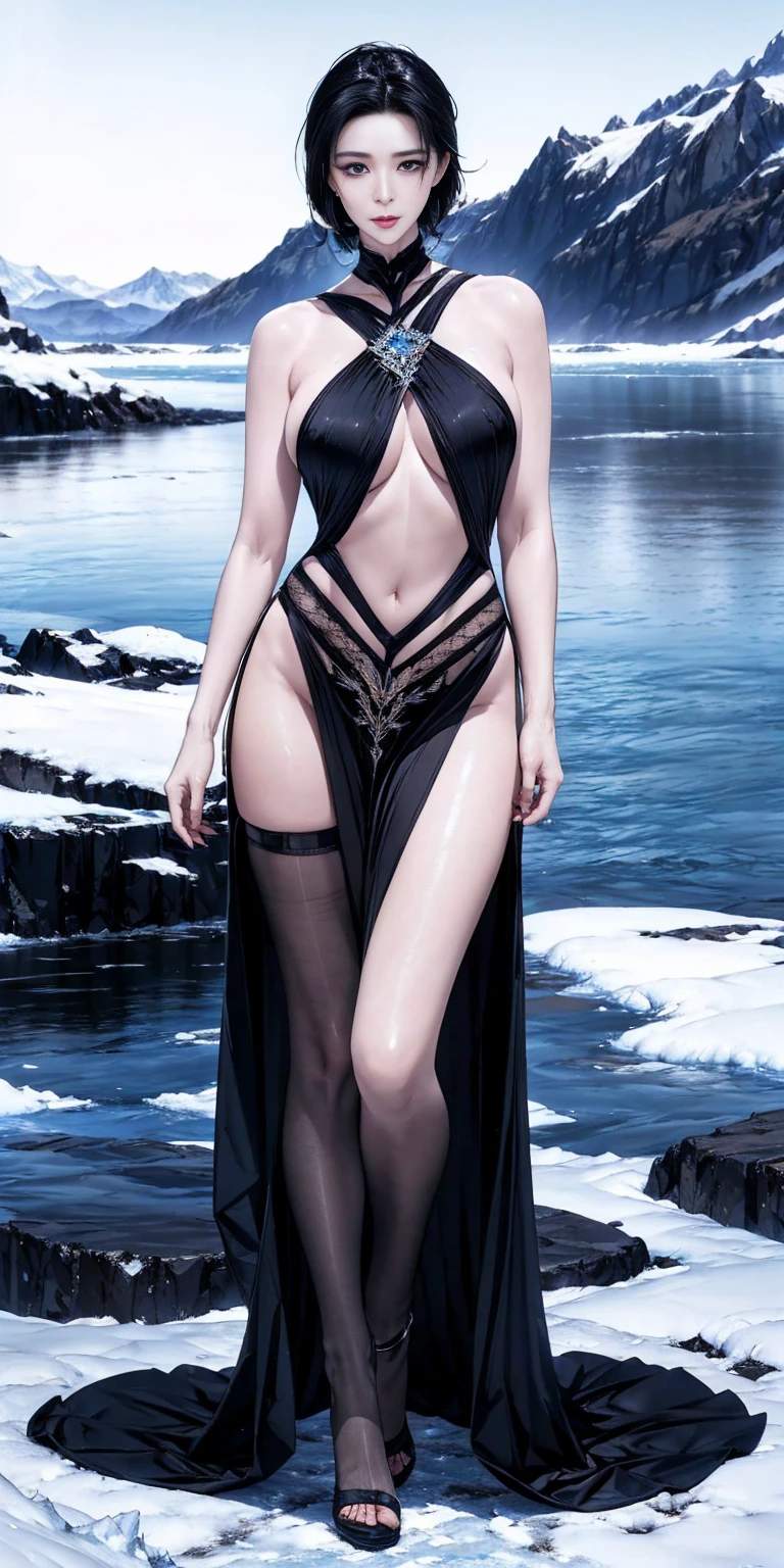 Master of animation, A perfect masterpiece, On a pure white background、Dressed in cool, sexy and modern clothes、Sexy mature modern woman standing, Flowing silver hair, Spanish Curly Hair, Full Body Stand Posture, Thin legs, ((Large Breasts)), Detailed facial details, Natural and beautiful standing posture, Crisp and realistic body detail,(NSFW:0.9)