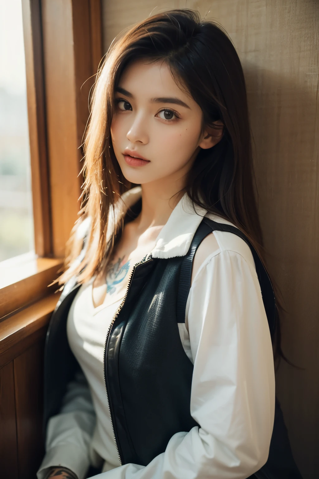 (RAW Photo, Best Quality), (Realistic, Photo Realistic: 1.3), Best Quality, Highly Detailed, Masterpiece, Ultra Detailed, Illustration, 1 Girl, upper body, Dynamic Angle, Extremely Detailed CG Unified 8k Wallpaper, Ink, Amazing, Dynamic Angle, World Mastery Theater, messy long hair, Best Quality, Extremely Detailed CG Unified 8k Wallpaper, Ink, Amazing, Movie Lights, lens flare, Detailed Face, (Deliberate expression: 1. 5), brown hair and bangs, hi-res screenshot, normal hands, vivid colors, nice studio lighting,beautiful fine face,