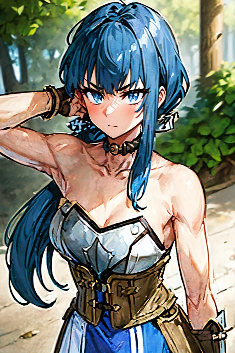 best quality:1.2), expressive eyes, perfect face, highres, 1girl, solo, aayelan, short hair, bob cut, braid, green eyes, earrings, neck tassel, cleavage, blue dress, sleeveless, bracelet, asymmetrical gloves, fingerless gloves, elbow gloves, pelvic curtain, pantyhose, beach, smiling, hands on hips, standing, cowboy shot, looking at the viewer