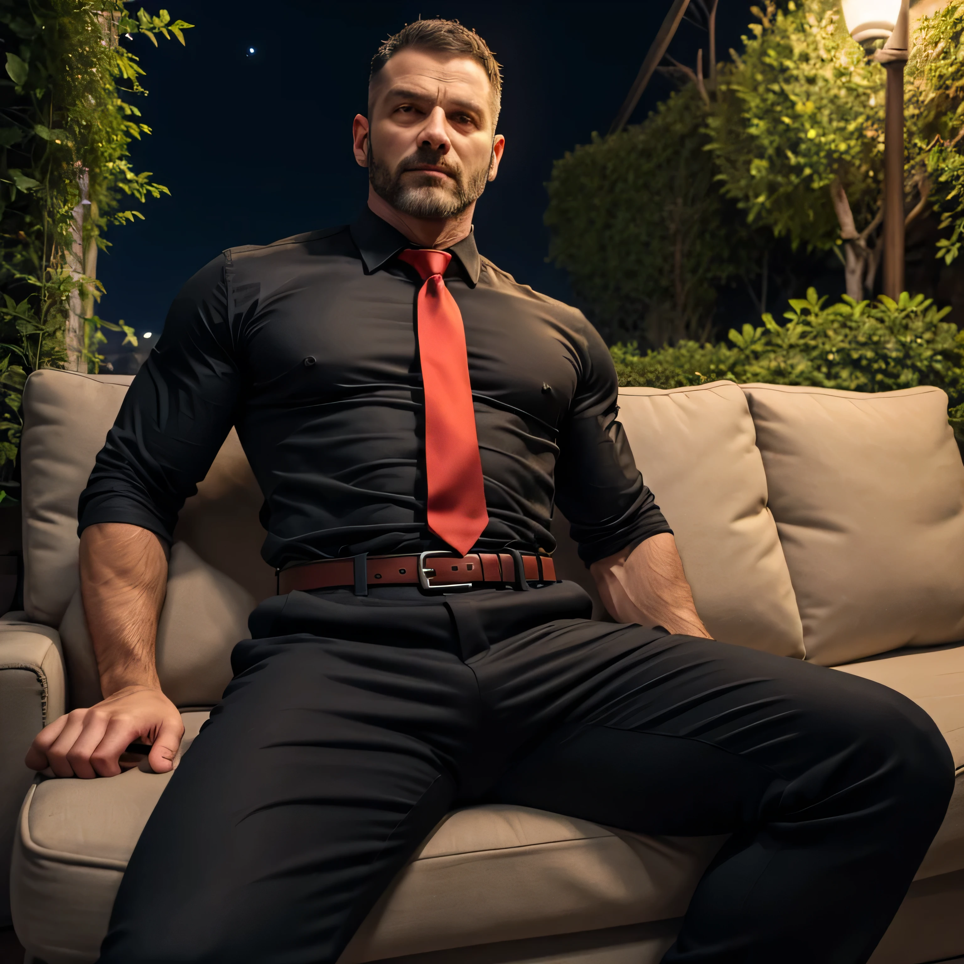 An award-winning original photo, Hulk muscle male uncle, Slightly fat, (40 years old daddy:1.1), 1boy, Solo, big shoulderusculature, Short beard, detailed eyes, (Detailed face:1.3), tired expression, (Sitting on the sofa and taking off his tie:1.3 ), untie, gray dress shirts fully unbuttoned, black long suit pants, Window with a night view of the high-rise building city, volumetric lighting, (Best quality, A high resolution, Photo realistic), Cinematic lighting, depth of field, (full body shot:1.2)