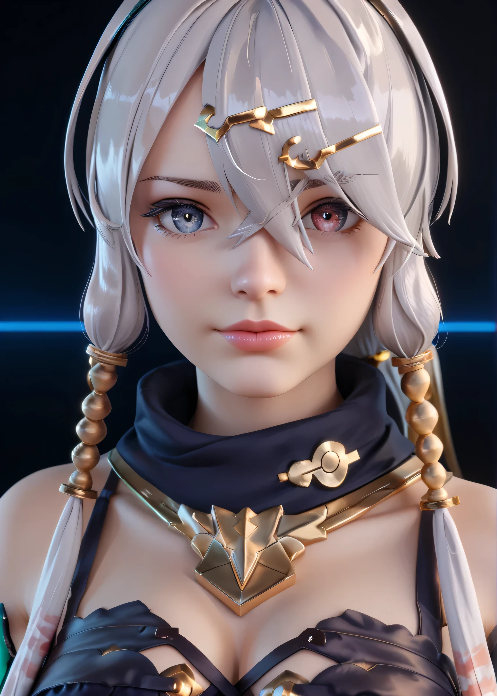 Create a stunningly detailed, realistic 3D model of Lila_Decyrus リラ・ディザイアス from Atelier Ryza, solo, alone, with a level of quality worthy of a AAA video game. Use advanced texturing, lighting, and shaders to bring her to life. She should wear her iconic buckled outfit, white gloves, and intricately designed boots, with precise attention to details such as fabric patterns, lace, and buckles. Measurements: * Height: 158 cm (5'2") * Bust: 166 cm (65.4 inches) * Waist: 58 cm (22.8 inches) * Hip: 85 cm (33.5 inches) Utilize industry-leading software and engines, including Blender, Maya, ZBrush, Modo, Unity, Unreal Engine, and Substance Painter, to create a truly immersive experience. Optimize the model for maximum graphical fidelity, with settings equivalent to: * UHDR, 4K resolution, and advanced AA and AO * Enhanced particle effects, physics simulations, and normal and specular mapping * Ray tracing and global illumination for accurate lighting and reflections Focus on capturing her heterochromatic eyes, with one bright blue and one fiery red, peeking through her grey hair with subtle, human-like expressions. Render her pale skin and intricate facial details with precision. Create a breathtaking, high-quality image with a still, motionless pose, showcasing her confident and determined personality." flawless, amazing, impressive visuals, top-tier, masterwork, best-design, award-winning,