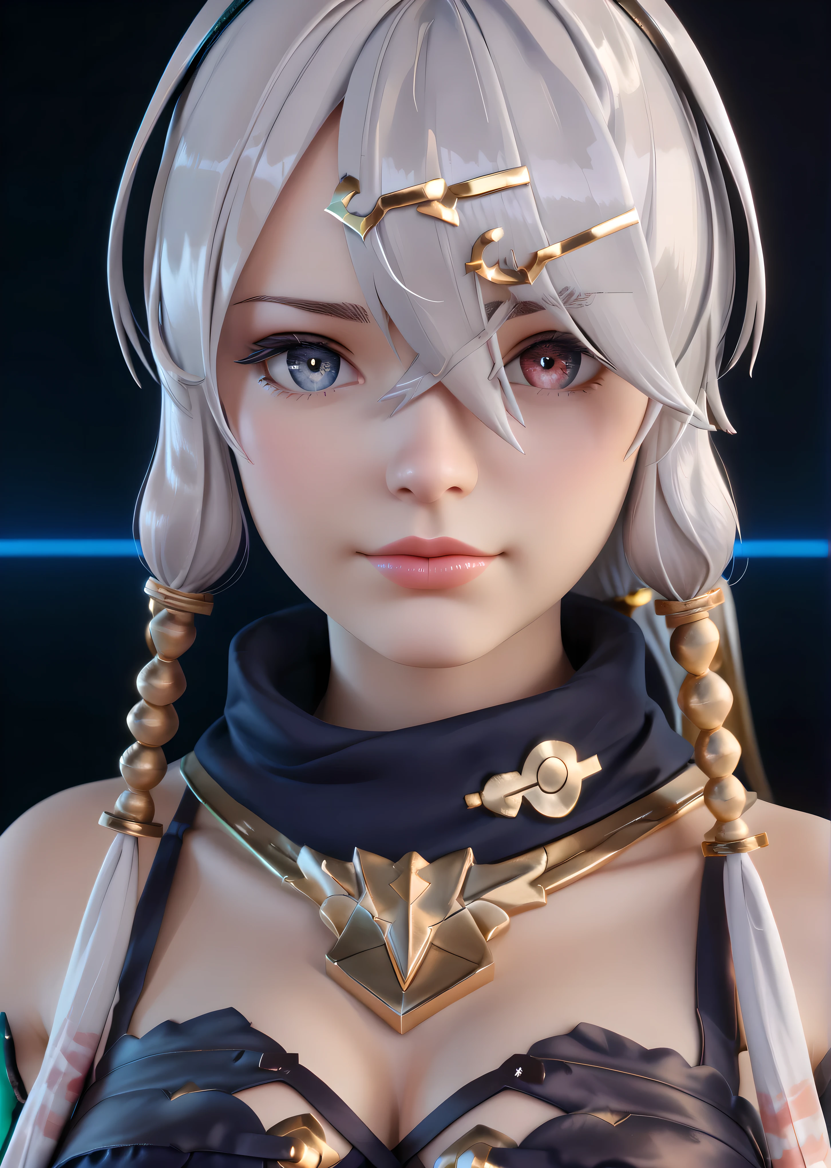 Create a stunningly detailed, realistic 3D model of Lila_Decyrus リラ・ディザイアス from Atelier Ryza, solo, alone, with a level of quality worthy of a AAA video game. Use advanced texturing, lighting, and shaders to bring her to life. She should wear her iconic buckled outfit, white gloves, and intricately designed boots, with precise attention to details such as fabric patterns, lace, and buckles. Measurements: * Height: 158 cm (5'2") * Bust: 166 cm (65.4 inches) * Waist: 58 cm (22.8 inches) * Hip: 85 cm (33.5 inches) Utilize industry-leading software and engines, including Blender, Maya, ZBrush, Modo, Unity, Unreal Engine, and Substance Painter, to create a truly immersive experience. Optimize the model for maximum graphical fidelity, with settings equivalent to: * UHDR, 4K resolution, and advanced AA and AO * Enhanced particle effects, physics simulations, and normal and specular mapping * Ray tracing and global illumination for accurate lighting and reflections Focus on capturing her heterochromatic eyes, with one bright blue and one fiery red, peeking through her grey hair with subtle, human-like expressions. Render her pale skin and intricate facial details with precision. Create a breathtaking, high-quality image with a still, motionless pose, showcasing her confident and determined personality." flawless, amazing, impressive visuals, top-tier, masterwork, best-design, award-winning,