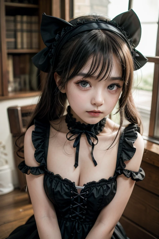 (realistic, photo-realistic:1.37), incredibly absurd, (Extremely detailed:1.3), 8K, (masterpiece), (highest quality:1.4), (ultra high resolution:1.2), (Raw photo:1.2), super detailed background, (unity 8K wallpaper), 1 nogizaka girl, So cute, (bishojo), 15 years, (hime-kei bra and panties), A delicate and beautiful face, eyes, and skin, dense black shiny hair, medium breasts, cleavage, elegant ruffles, ruffle tie, ribbon tie, Rose Hair Accessories, a bra and panties with delicate and beautiful rose pattern, soft fabric, smile at the camera, cowboy shot, european castle landscape, professional lighting
