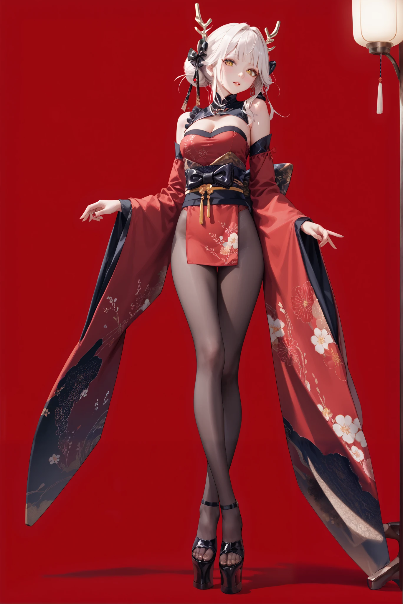 （ stands，whole body:1.7),ruanyi1007,bare shoulders,detached sleeves,red dress,floral print,strapless dress,
HoleHeels，Hole platform/ oval/ Circle Heels，Heels ，Whits, white hair, hair bun, hair bow, antlers, yellow eyes, frills, bodystocking, cleavage cutout, wide sleeves, japanese clothes, breasts