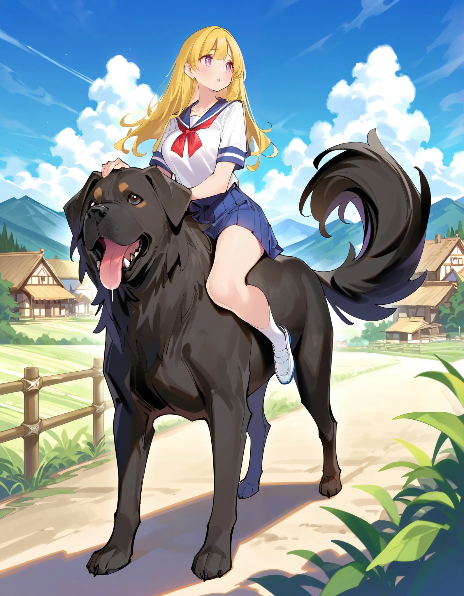 masterpiece,ultra-detailed CG illustration,top quality, best quality, popqn style, 1girl, serafuku, riding a big dog, village