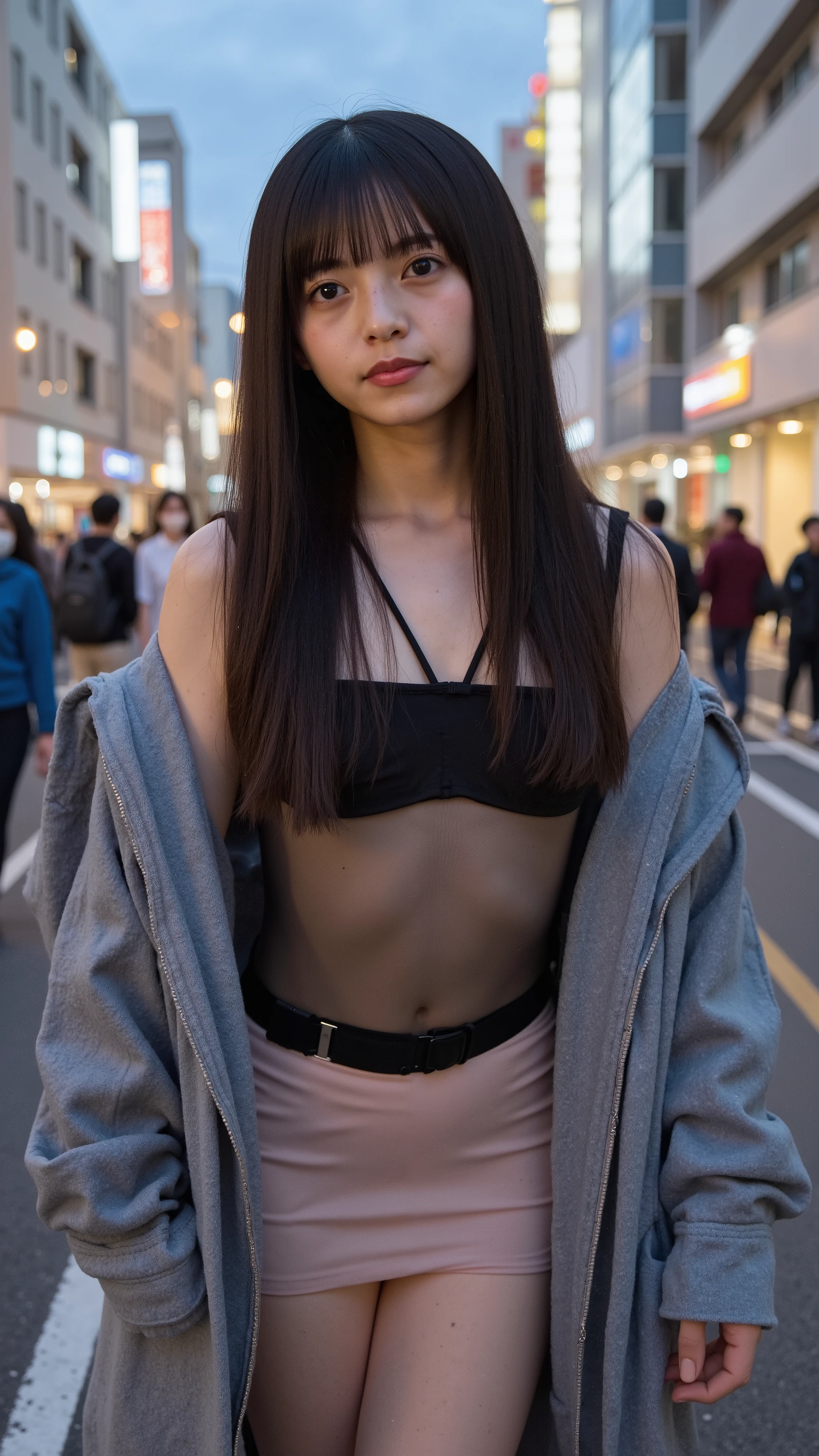 A high resolution photograph of a Japanese young woman, masterpiece, amazing quality, intricate details, extremely detailed, professional lighting, (sharp focus), solo, 1girl, (straight long black hair), seductive posing with sensual face for gravure photography, (small breasts, flat chest:1.5), (see-through blouse, tight skirt under long casual jacket), (small head, small face, petite body, slender, slim and thin body, skinny, narrow waist, small ass, thin legs:1.2), fair skin, detailed face, detailed eyes, sophisticated nose, outdoors, standing in busy downtown street at dusk, many crowds around her, (perfect hand, perfect anatomy, anatomically correct),