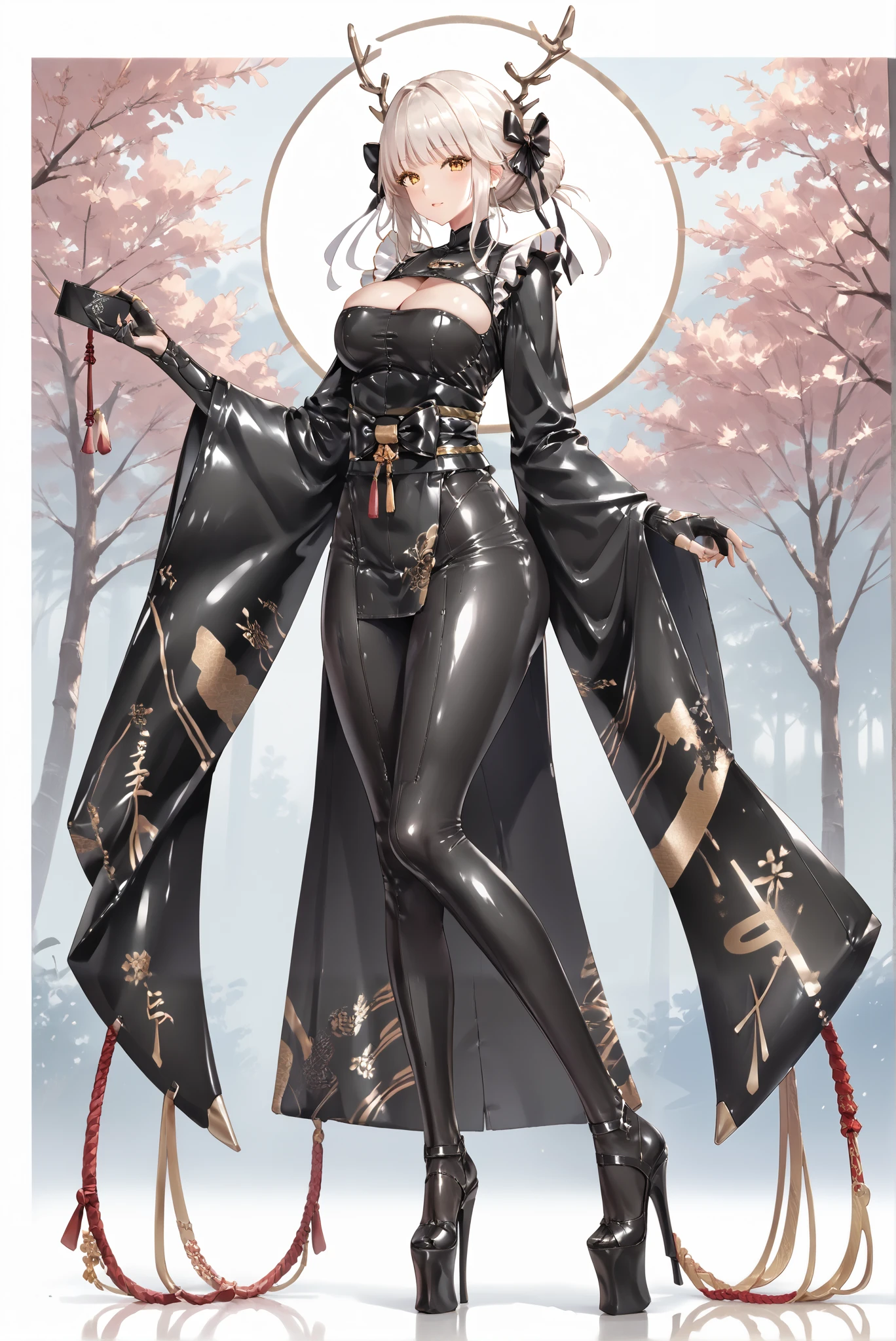 （ stands，whole body:1.7), 1girl , black rubber suit, large breasts, gauntlets, wide hips
high heels
,HoleHeels，Hole platform/ oval/ Circle Heels，Heels ，Whits, white hair, hair bun, hair bow, antlers, yellow eyes, frills, bodystocking, cleavage cutout, wide sleeves, japanese clothes, breasts
