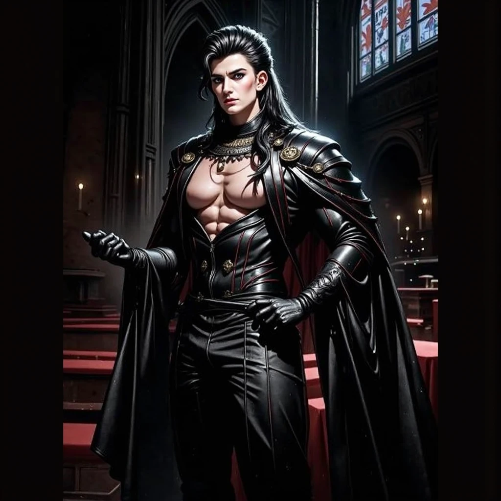 Top Quality, Photorealistic, 8K, High Definition, absurd res, high res, ultra sharp, masterpiece, (masterpiece), best quality, expressive eyes, perfect face, Super eyes, masterpiece, a muscular handsome vampire god, mouth open showing vampire teeth, clawed glove, wet body, showing a bulge, Irregular Flared Long-sleeved Loose Shirt, full body black transparent clothes standing in a dark church, mesh pants, full body, tall, pecs, facial details, detailed body part details, 8k wallpaper