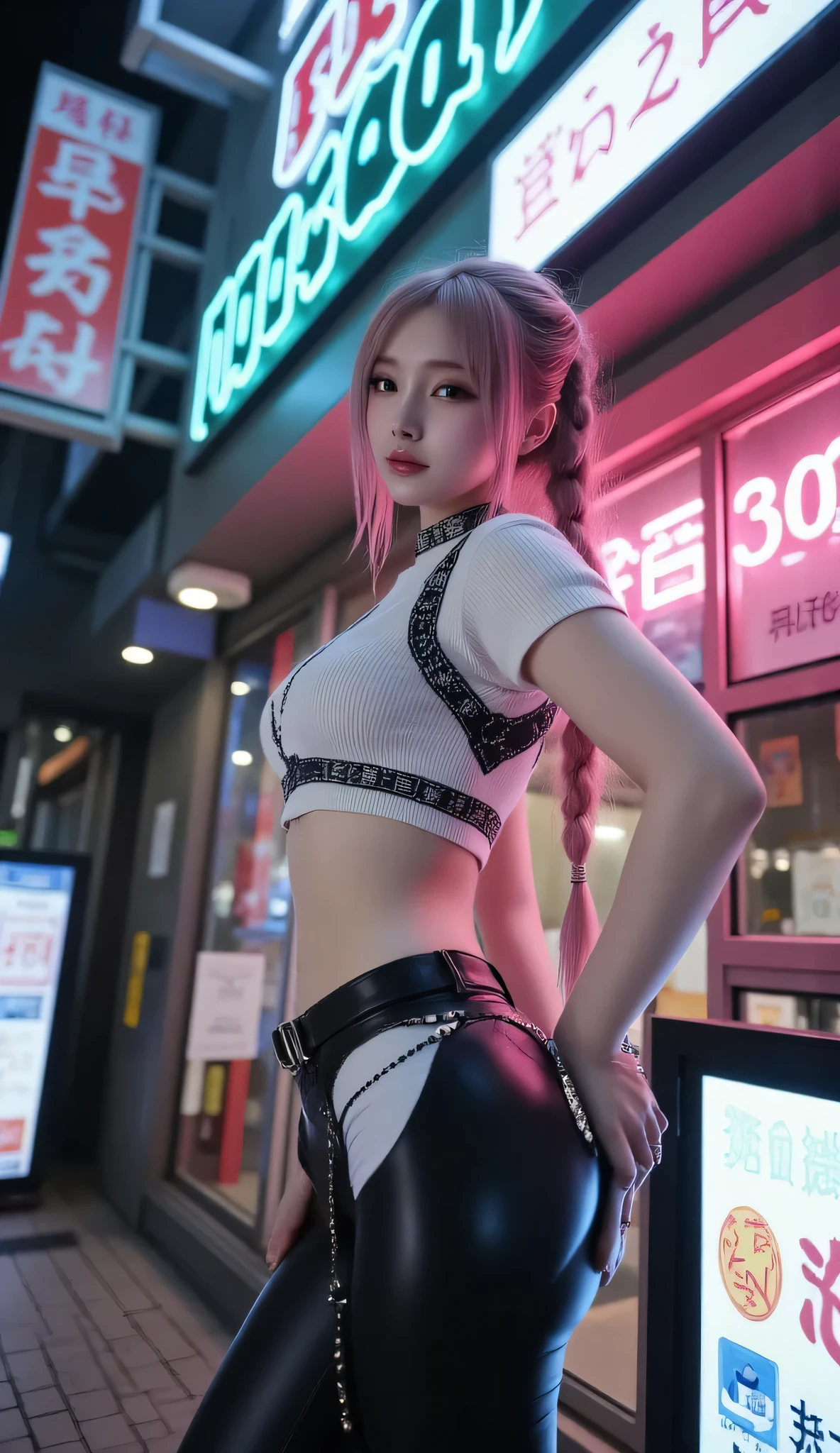 masterpiece, realistic, Photorealistic realism, Hyper high resolution, (Hyper insanel quality, epice masterciece, intricately detailed digital art), focus on extremely Realistic Proportion Body, "Portrait of a 1 woman, 20yo {wearing a Intricately detailed [sleeveless sweater | (white, short, tight)], [(long leather pants | black ((tight:1.2)))], (a bold, feminine creation), night walk (streets of Tokyo), night, neon lights)}." high contrast, Vibrant, pale skin, light eyes, full lips, pink hair, braid, relaxed pose, pink, red, orange, Beautiful long legs in good style, modelling shoot, sexy pose, Depth of field, cinematic light, turn back, 2/5 back shot, (from below), closeup butt, full body shot 