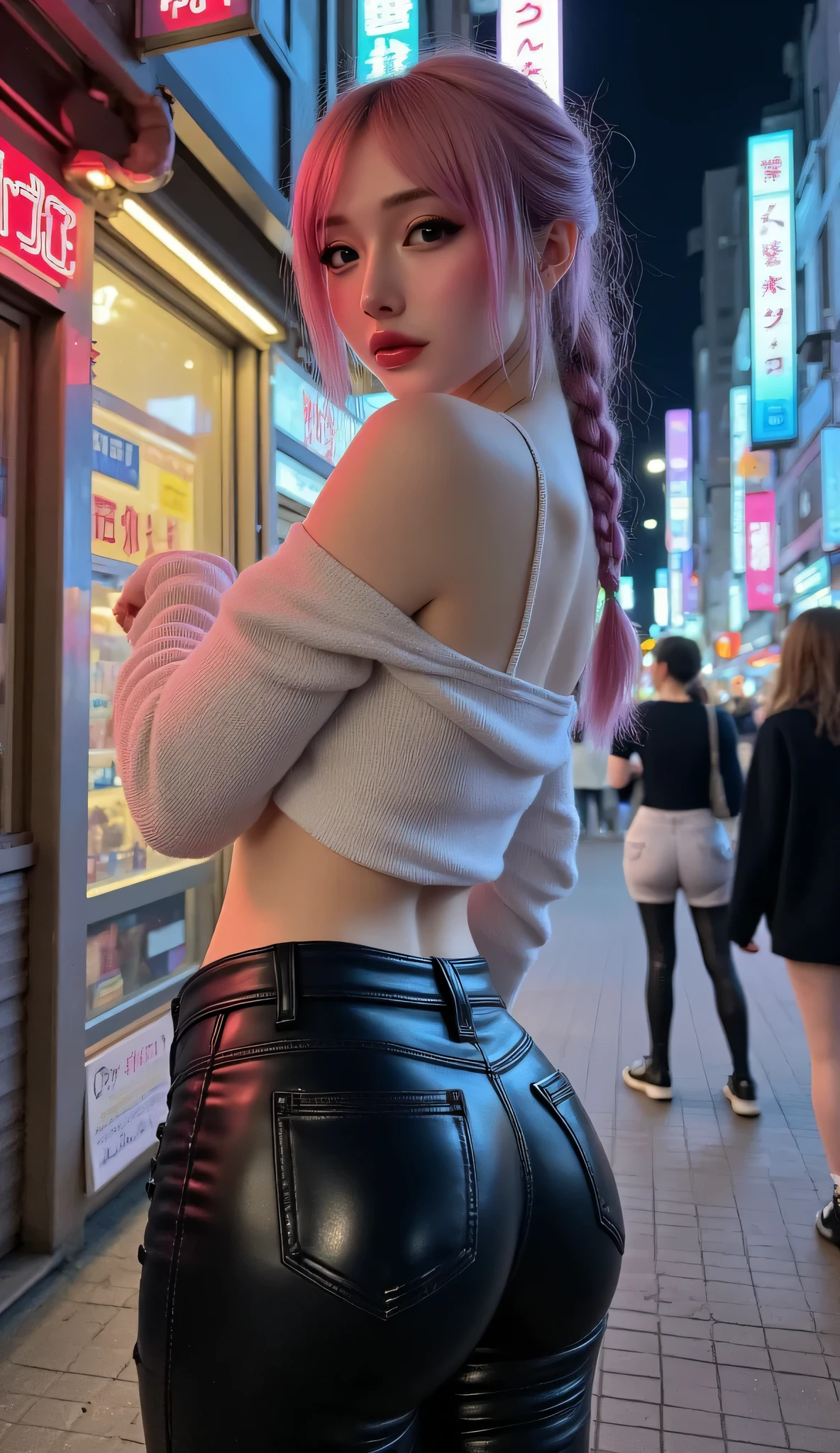 masterpiece, realistic, Photorealistic realism, Hyper high resolution, (Hyper insanel quality, epice masterciece, intricately detailed digital art), focus on extremely Realistic Proportion Body, "Portrait of a 1 woman, 20yo {wearing a Intricately detailed [sleeveless sweater | (white, short, tight)], [(long leather pants | black ((tight:1.2)))], (a bold, feminine creation), night walk (streets of Tokyo), night, neon lights)}." high contrast, Vibrant, pale skin, light eyes, full lips, pink hair, braid, relaxed pose, pink, red, orange, Beautiful long legs in good style, modelling shoot, sexy pose, Depth of field, cinematic light, turn back, 2/5 back shot, (from below), closeup butt, full body shot 