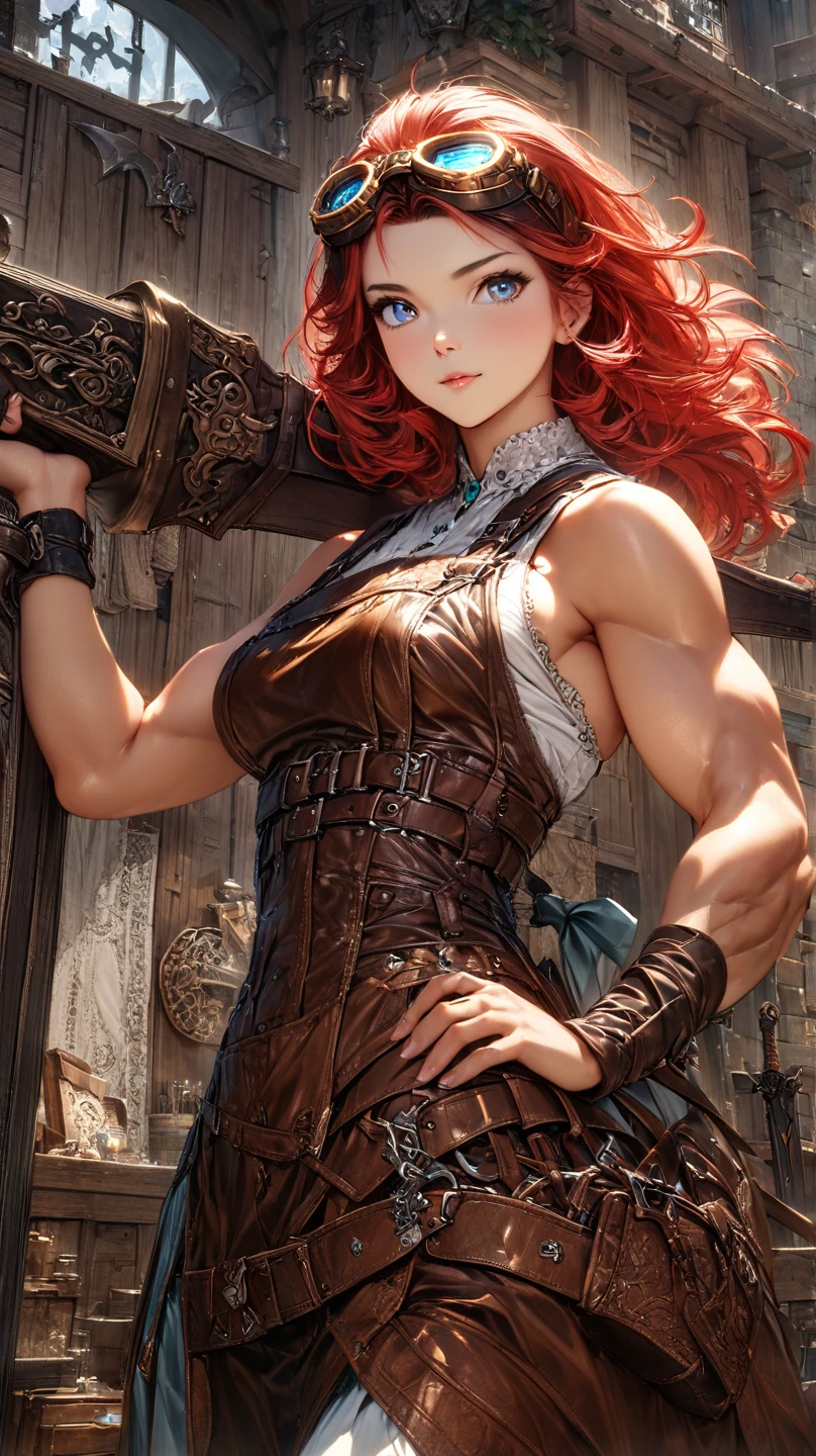 A Nordic woman, tatooa, red-haired, curly and voluminous, muscular, almost naked, Simon Bisley-style, for the cover of Heavy Metal magazine;