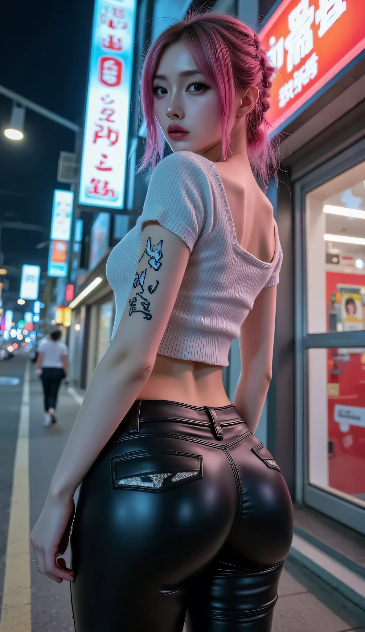 masterpiece, realistic, Photorealistic realism, Hyper high resolution, (Hyper insanel quality, epice masterciece, intricately detailed digital art), focus on extremely Realistic Proportion Body, "Portrait of a 1 woman, 20yo {wearing a Intricately detailed [sleeveless sweater | (white, short, tight)], [(long leather pants | black ((tight:1.2)))], (a bold, feminine creation), night walk (streets of Tokyo), night, neon lights)}." high contrast, Vibrant, pale skin, light eyes, full lips, pink hair, braid, relaxed pose, pink, red, orange, Beautiful long legs in good style, modelling shoot, sexy pose, Depth of field, cinematic light, turn back, 2/5 back shot, (from below), closeup butt, full body shot 