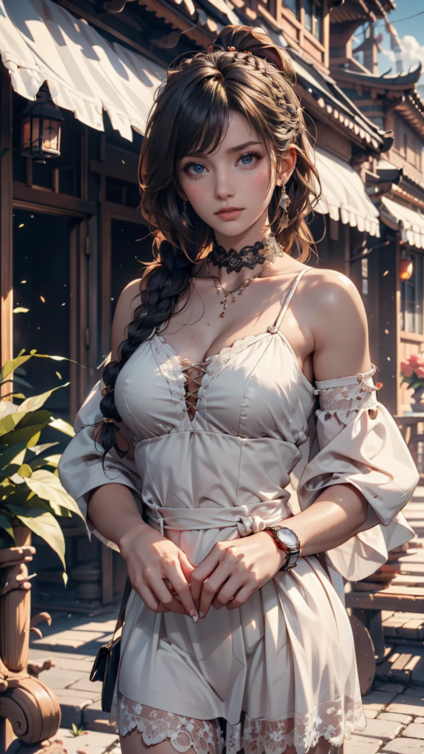 ((最high quality, 8K, masterpiece: 1.3, Ultra HD, high quality, 最high quality, High resolution, realism)) 、A 22-year-old extremely beautiful white woman、Body shape like a fashion model、Hair color blonde、blue eyeedium Hair、Straight Hair、smile、Background blur((depth of field))、Aerial perspective((atmospheric perspective))、I want my head to stay off screen、Put an anklet on your ankle、Wearing red nail polish、I have a peticure、Fashion model body type、purple inner color((colored inner hair))、Split Ponytail((split ponytail))、Wear a high-neck zipper-up dress、Large chest、Narrow waist、Wear leggings、Wear high heels、lace decoration