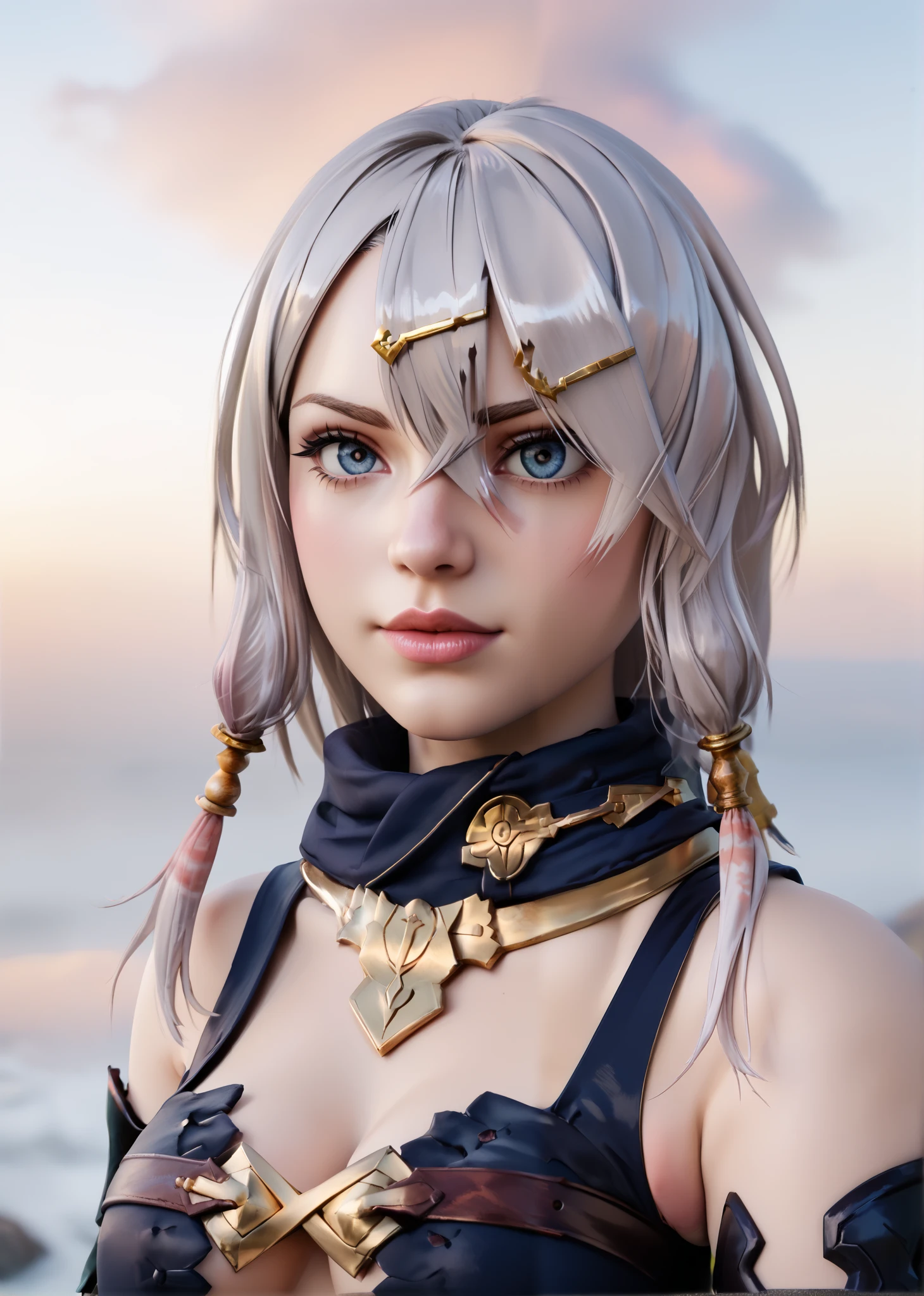 waist-up shot, character-model, model shoot style, natural beauty, atelier_lila_decyrus, Create a stunningly detailed, realistic 3D model of Lila_Decyrus from Atelier Ryza, solo, alone, with a level of quality worthy of a AAA video game. Use advanced texturing, lighting, and shaders to bring her to life. She should wear her iconic buckled outfit, hint of cameltoe, white scale-covered gloves, and intricately designed boots, with precise attention to details such as fabric patterns, lace, and buckles. Measurements: * Height: 158 cm (5'2") * Bust: 166 cm (65.4 inches) * Waist: 58 cm (22.8 inches) * Hip: 85 cm (33.5 inches) Utilize industry-leading software and engines, including Blender, Maya, ZBrush, Modo, Unity, Unreal Engine, and Substance Painter, to create a truly immersive experience. Optimize the model for maximum graphical fidelity, with settings equivalent to: * UHDR, 4K resolution, and advanced AA and AO * Enhanced visuals, physics simulations, and normal and specular mapping * Ray tracing and global illumination for accurate lighting and reflections Focus on capturing her heterochromatic eyes, with one bright blue and one fiery red, peeking through her grey hair with subtle, human-like expressions. Emphasis on her having heterochromatic eyes, red & blue Heterochromia eyes, one red-colored contact over one of her eyes, Render her pale skin and intricate facial details with precision. Create a breathtaking, high-quality image with a still, motionless pose, showcasing her confident and determined personality." flawless, amazing, impressive visuals, top-tier, masterwork, best-design, award-winning, defLila