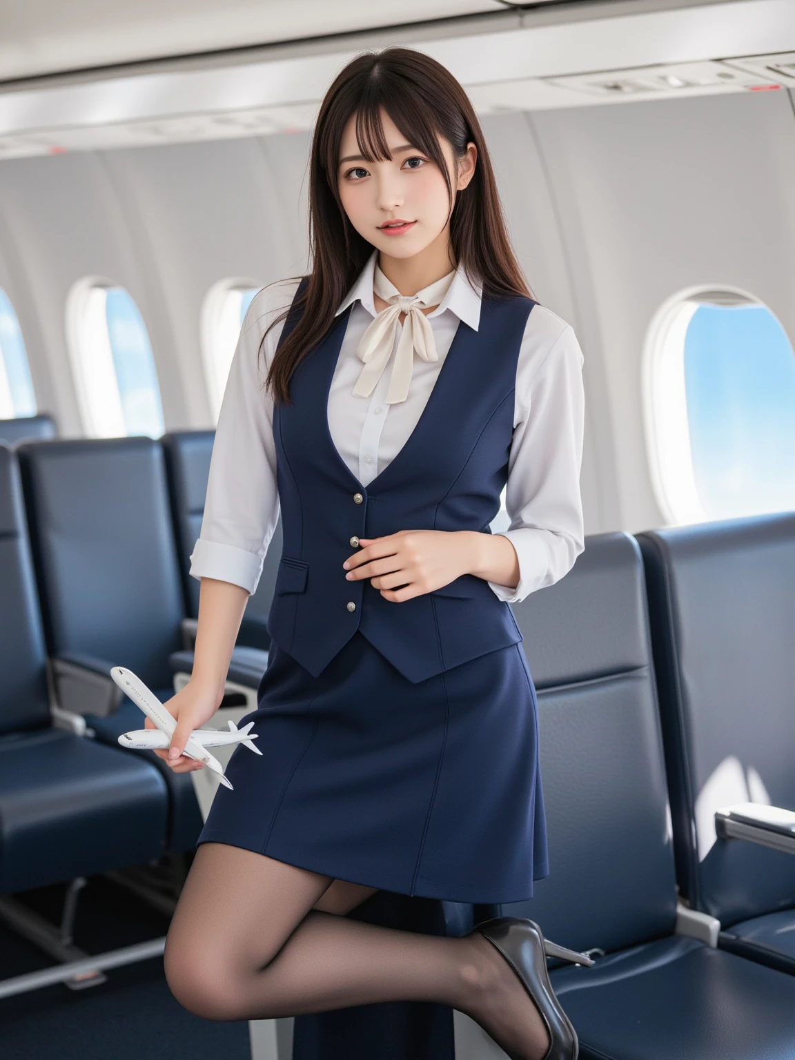 (8K, best quality, masterpiece:1.2), (realistic, photo-realistic:1.37), (high color saturation:1.0), (highly detailed skin), (highest quality:1.0), (ultra high resolution:1.0) ,(realistic:1.0), (Super detailed:1.0), (8K, Raw photo:1.1)、standing random pose, smiling, natural breast, perfect lighting, 3girls, 24years old, (mysterious), clear and detailed, ((ANA_Cabin Crew, blue flight attendant_uniform)), black pantyhose, (aircraft, aircraft seats), cute face, mini skirt, no_panties, beautiful_pussy, nsfw, ((skirt lift)), no_under hair,