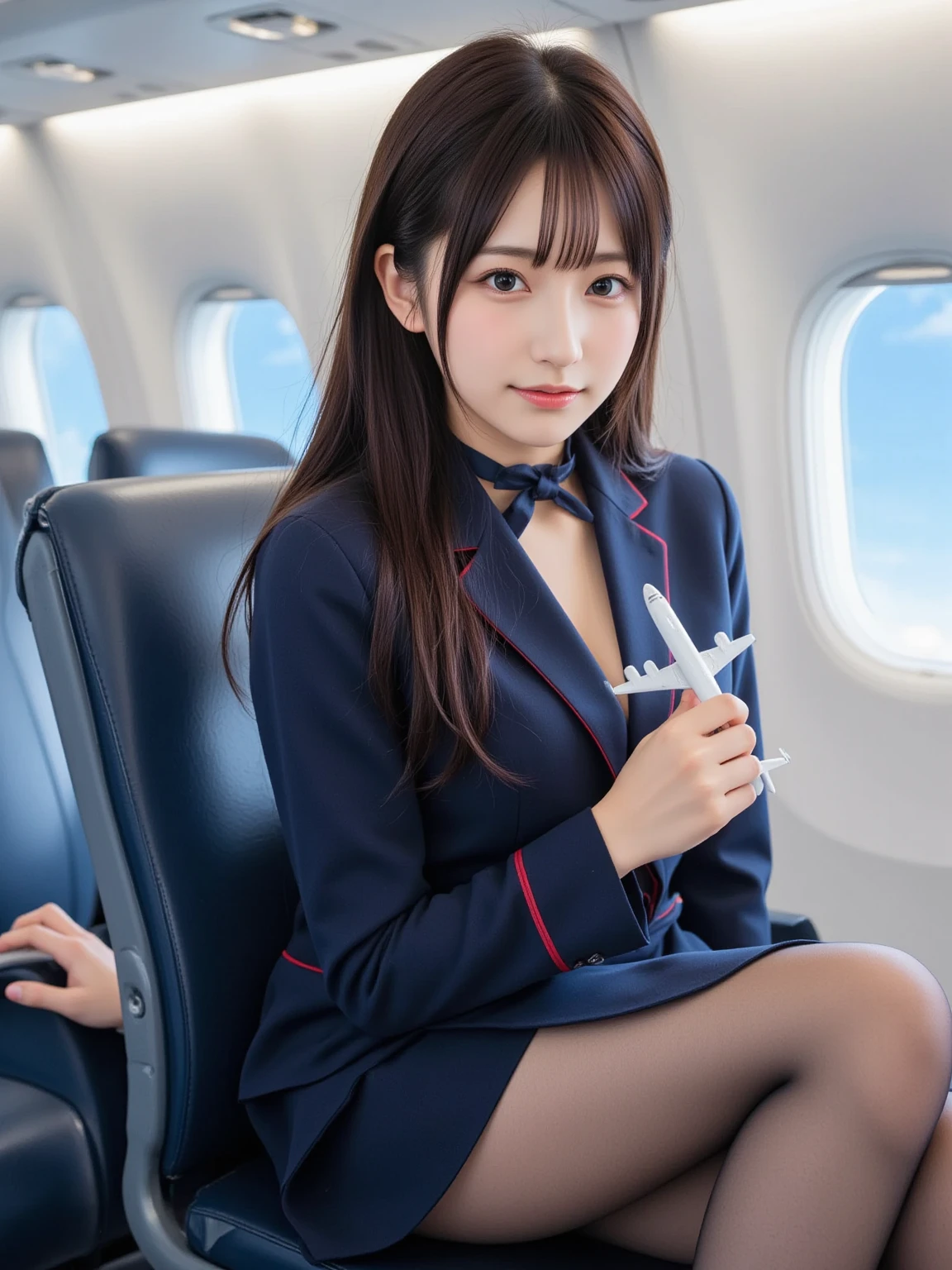 1girl, (solo:1.3),masterpiece, best quality, 8K, high res, highly detailed girl, highly detailed beautiful face, beautiful skin,(ideal ratio body proportions:1.5), realistic,(lying:1.3), on back, from side,smile, cowboy shot,stewardess,navel,medium breasts,(blazer:1.3),tie, stewardess uniform, (bottomless:1.5),(shiny sexy string thong:1.3),G string, Inside the plane,Business class, reclined seats, almost flat seats,from above