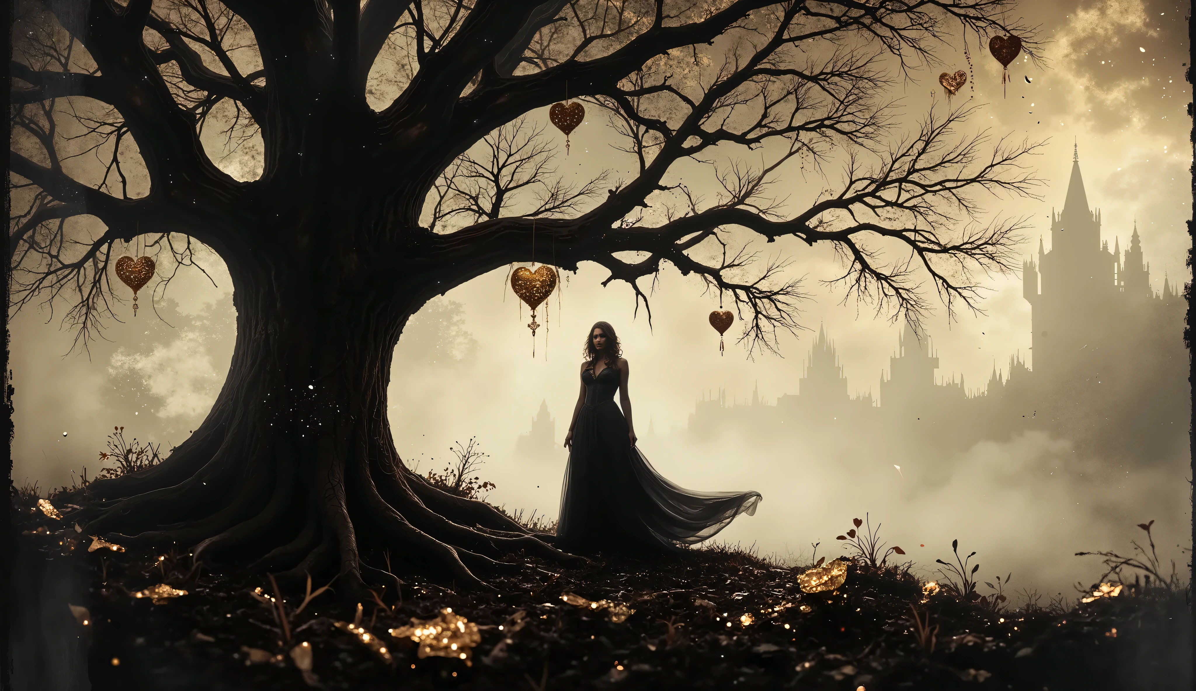 A shadowy figure, draped in a flowing black gown, stands solemnly under a gnarled, leafless tree shimmering with hanging golden, heart-shaped ornaments. A heavy mist rolls through the air, obscuring distant details and intensifying the scene’s enigmatic aura. The composition is enriched with a double exposure effect, merging delicate, impressionistic Renoir-style strokes with striking, chaotic ink splashes, creating a fusion of softness and raw intensity.