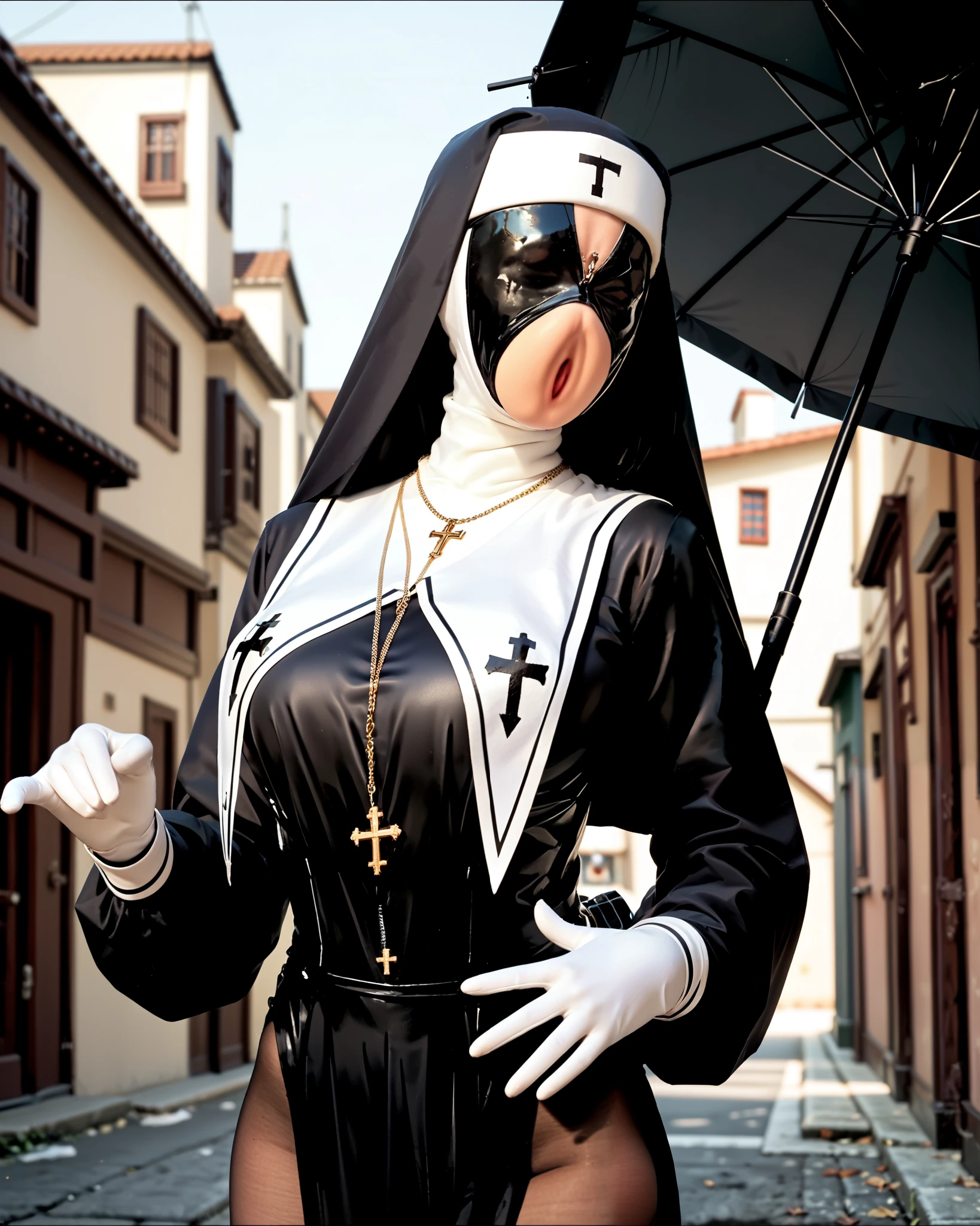 Fraction _9, Fraction _8_up, Fraction _7_up, Fraction _6_up, Fraction _5_up, Fraction _4_up,[break, pssmsk , Eye Mask Headwear, 1 woman with an umbrella,Serafuku,ruanyi0847,bodysuit,breast curtains,dress,nun,pantyhose,pelvic curtain