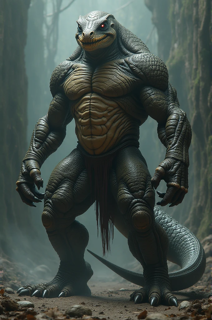 thick ass, bad-tempered hybrid creature, humanoid, lives in the darkness, whip bit,mixture of reptile and insect, humanoid, extremely long teeth