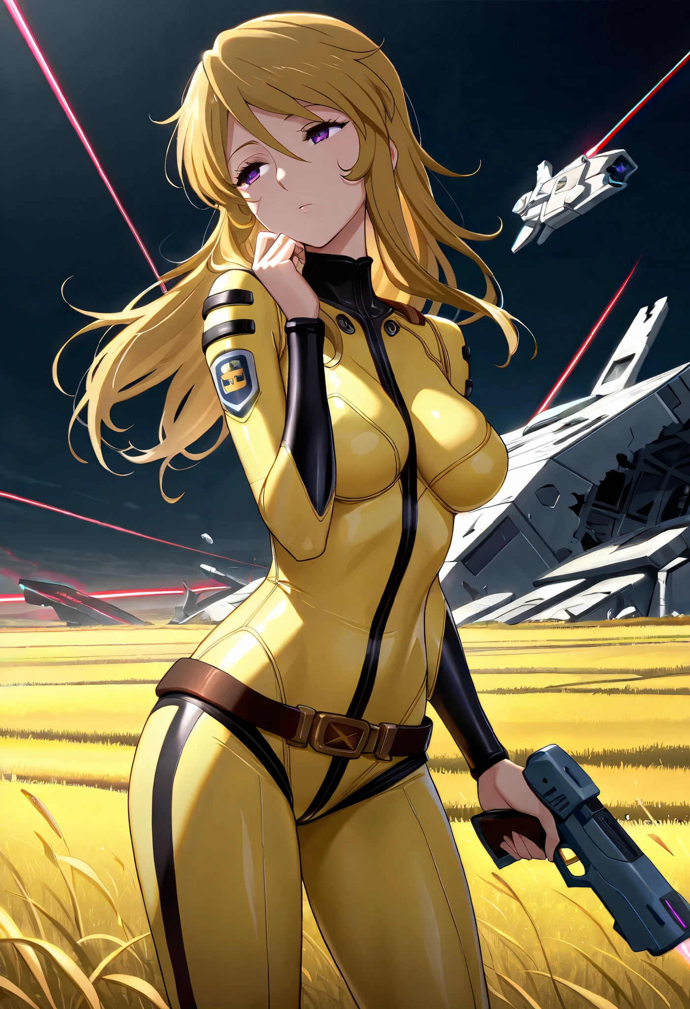 (masterpiece, best quality), , 1girl, fyuk1, solo, mori yuki, blonde hair, purple eyes, half-closed eyes, long hair, yellow_bodysuit , looking away,head tilt, broken spacecraft, outdoor, field, standing, hand up, laser gun, holding gun,dark lighting,