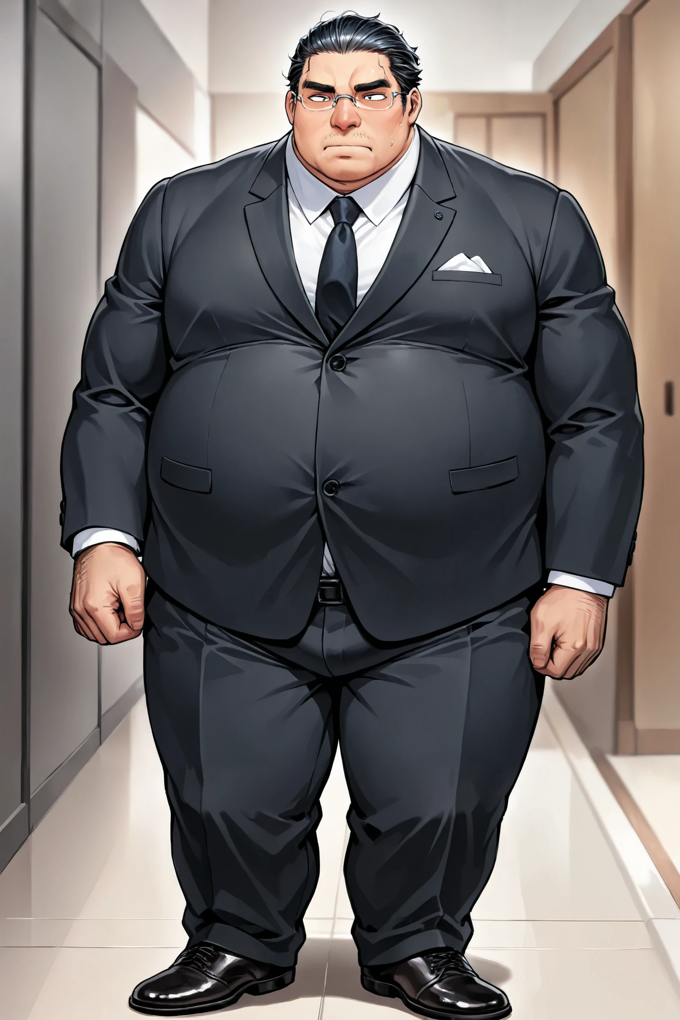 obese fat man,male focus,rimless glasses,black slicked back hair,japanese , narrow eyes, nose,suit,standing
