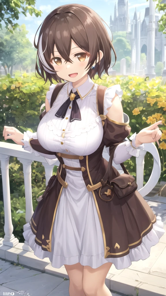 Anime illustration Plump body Woman in maid uniform Delicate embroidery Bright sunlight Archaic smile Sparkling eyes、bright eye highlights、Colossal tits、Close-up of people、超A high resolution、Anatomically correct human body、Expose nipple、exposing their genitals、Wearing sweat、seminude、Soft thighs、Skyscraper street at night、Gal、neon signs、cyberpunked
