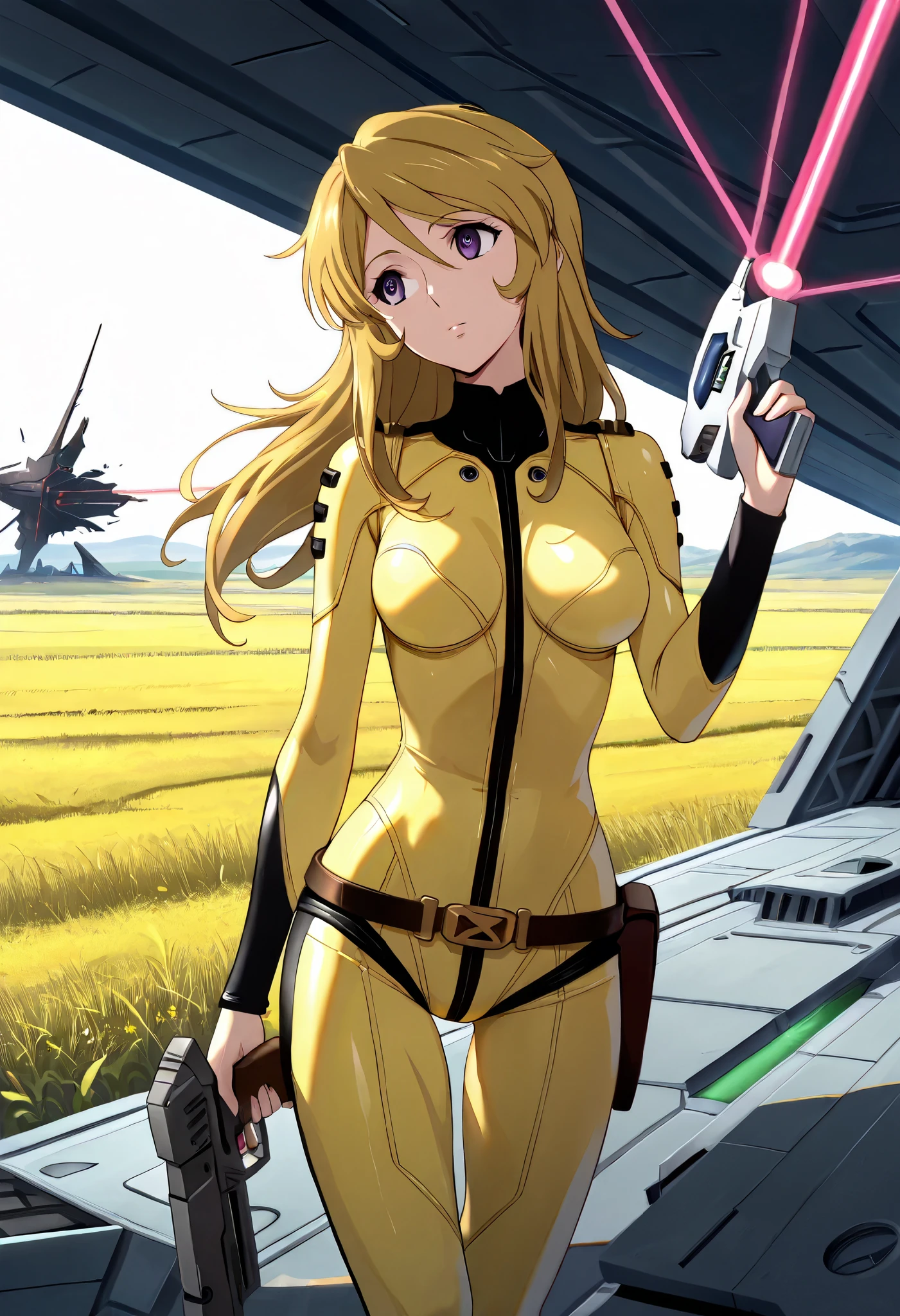 (masterpiece, best quality), , 1girl, fyuk1, solo, mori yuki, blonde hair, purple eyes, long hair, yellow_bodysuit , looking away,head tilt, broken spacecraft, outdoor, day, field, standing, hand up, laser gun, holding gun,dark lighting,