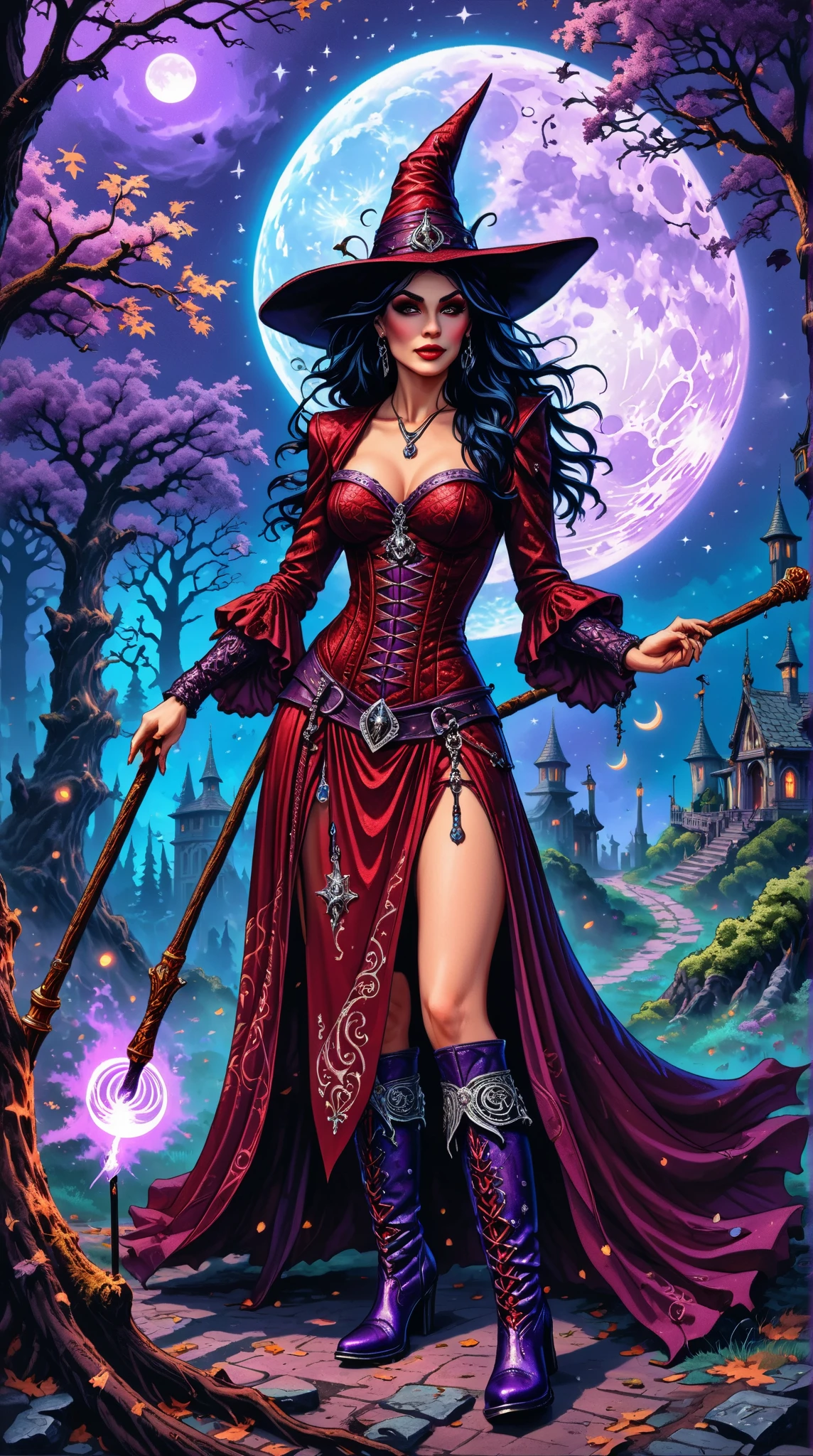 witches flying magic wands the full moon red giant witch clothes sorceress fused 2 red giant moons blue