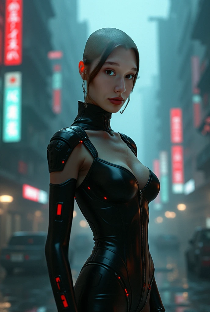 masterpiece,best quality,high resolution,8K,(Portraits:1.5),(R Original Photo),The real situation,Digital Photography,(A fusion of cyberpunk and fantasy),(Female Officer),White women,Feel free to hairstyle,hair,blue eyes,By Bangs,(Large Breasts, Accessories,shut your mouth,Elegant and charming,Serious and arrogant,Calm and handsome,(Combination of cyberpunk and fantasy style clothing,hollow-carved design,Large Breasts,Photo poses,Realistic style,Gray World Background,oc render reflection texture,futuristic city,Medium distance photography