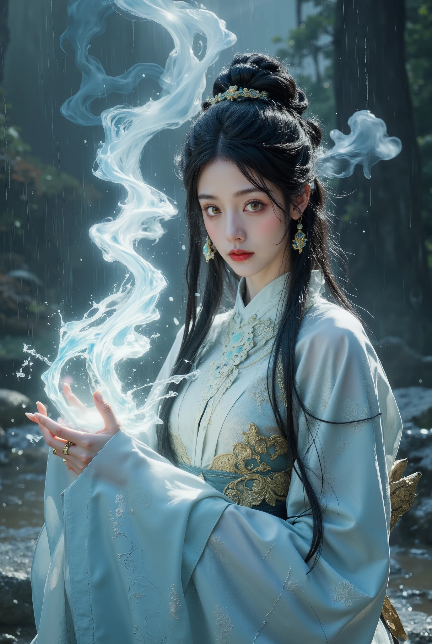 Magic. Casting a spell. Her hand wrapped in an aura of magic portal light and swirls and bokeh. masterpiece, best quality, amazing quality, A cute+++, sexually smiling+, black hair, blurry, blurry background, yellow eyes, closed mouth, depth of field, hand up, high collar, hydrokinetic, large breasts, looking at viewer, obi, outstretched hand, sash, serious, sidelocks, solo, upper body, water, wide sleeves, busty thick shoulder length black shiny hair black African Cambodian bimbo working water magic. Raining. downpour of raindrops.
maximum image detail, maximum realistic render, (((ultra realist style))), realist side lighting, , 8K high definition, realist soft lighting, Wearing a lot of rings like the Mandarin marvel villain. clouds of smoke and vapor mist aura swirl around her hand like bokeh 4th of July fireworks and sparklers.4K Raw photo.
A beautiful young Japanese woman standing in a fantasy world.
She is lightly made up and has a fearless smile on her face.
She is wearing transparent armor on her bareskin.
She wears a forehead patch of the same color as her armor and holds an intricately carved and decorated longsword in her right hand.
