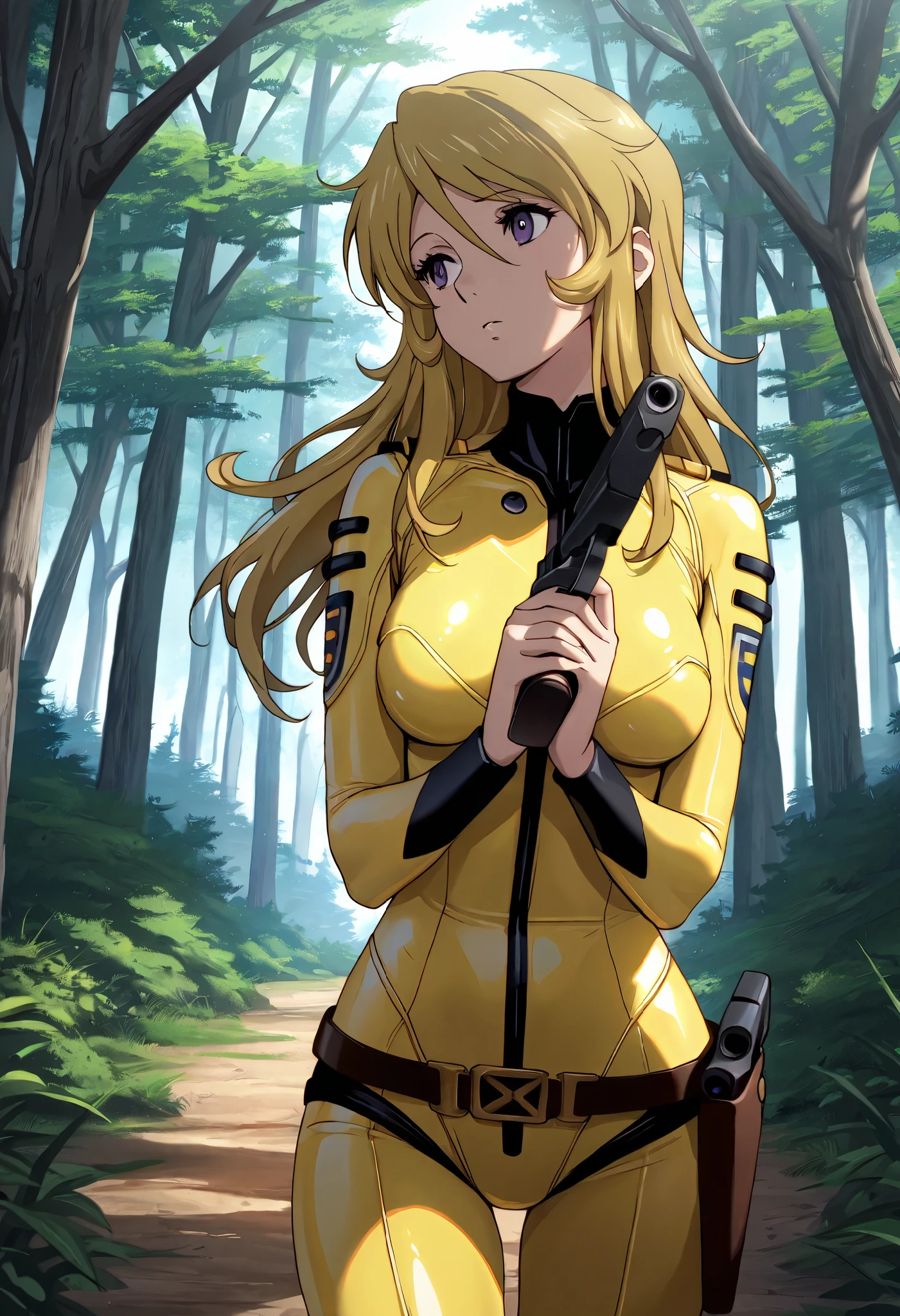 (masterpiece, best quality), , 1girl, fyuk1, solo, mori yuki, blonde hair, purple eyes, long hair, yellow_bodysuit , looking away,head tilt, outdoor, day,  forest,  walking,  gun,  holding gun, own hands together,  hands up,dark lighting,