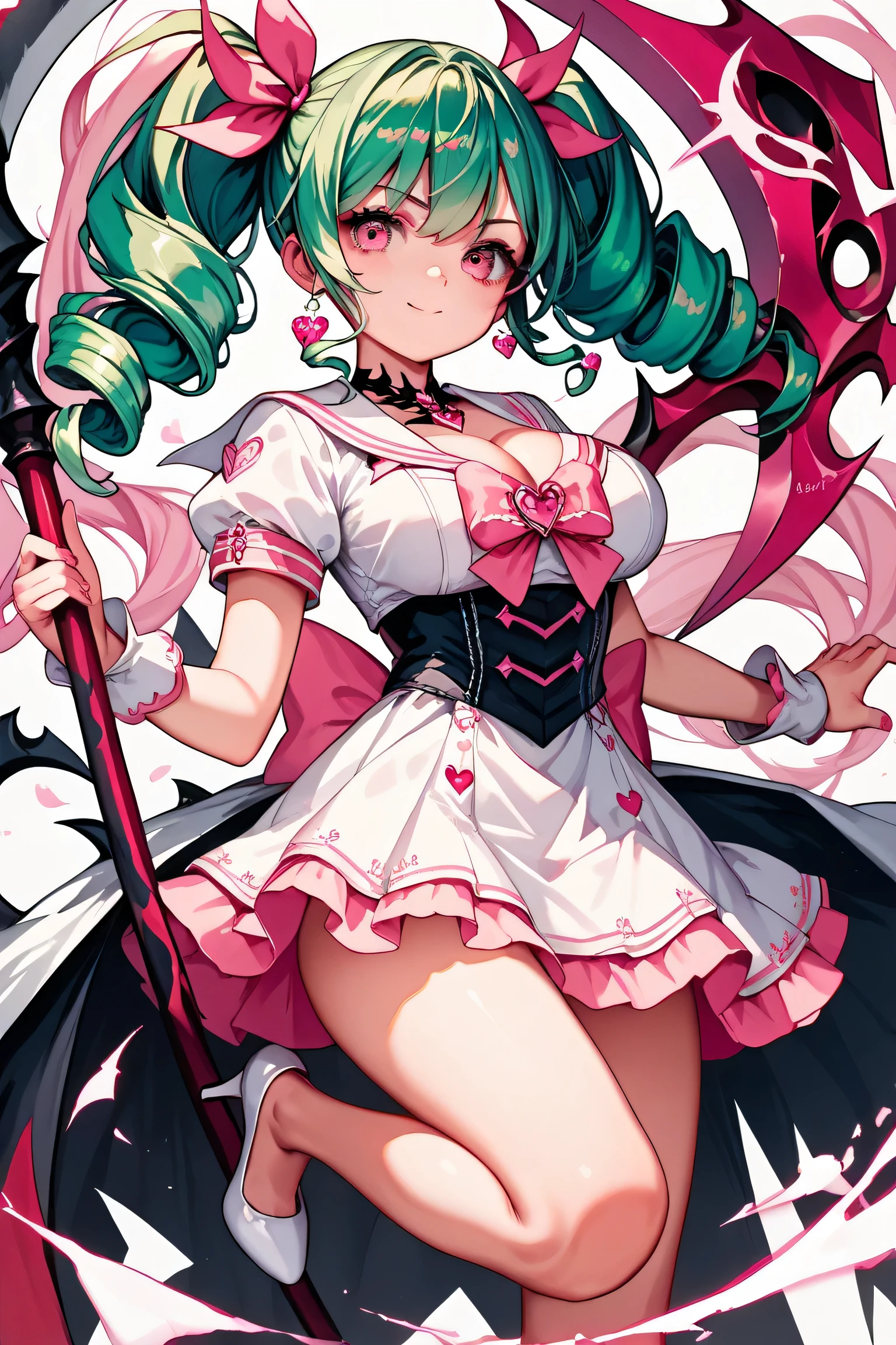 score_9, score_8_up , score_7_up ,source_anime,1cute girl, EMERALD hair, pattern , twin tails,twin drills, pink ribbon, smiles, , cute white sailor suit with pink lines, miniskirt, pink eyes,
white high heels, cleavage,nsfw,Grim Reaper's Scythe