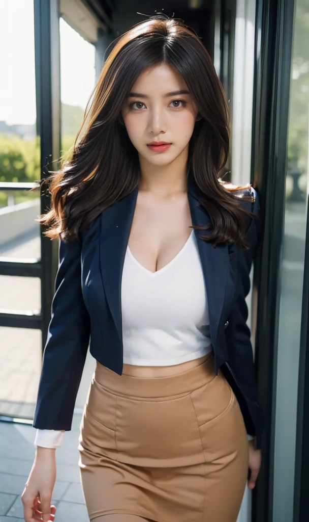a 19 year old girl, she is the most beautiful actress in the world, the perfect body proportions of this girl, 100% of her large breasts are hidden by the formal shirt, her crotch area of the panties are hardly hidden by the short skirt, her bare legs, all her body is just looking straight forward to viewer of this photo, she is standing straight at the street, nsfw, best quality, highly detailed, masterpiece, ultra high res, photo realistic, 8k, RAW photo