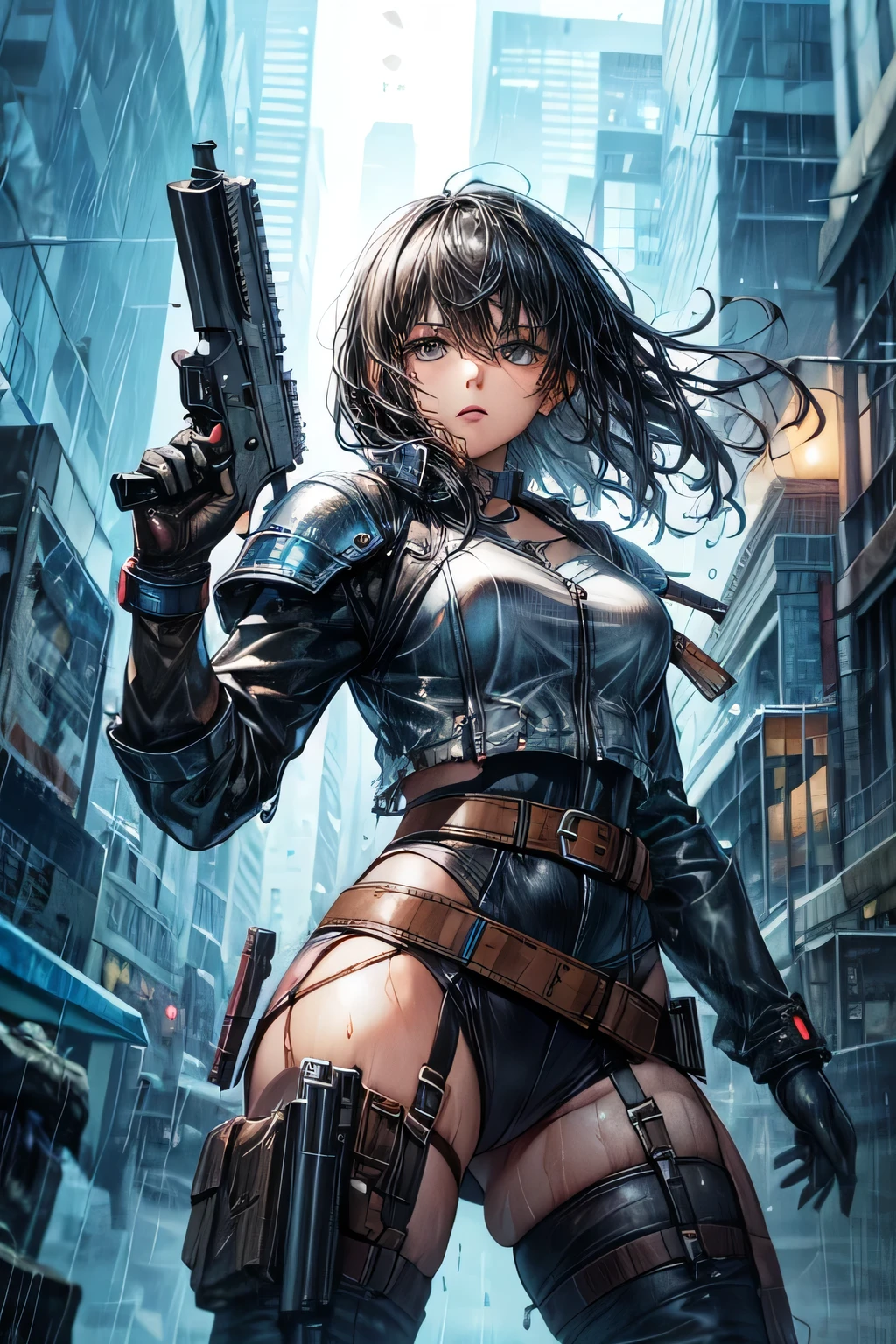 Cyberpunk style girl ,  holding a gun,  destroyed city in the background,  raining, belt at the waist,  shoulder armor, leather clothing,  wet body , raining muito, decote