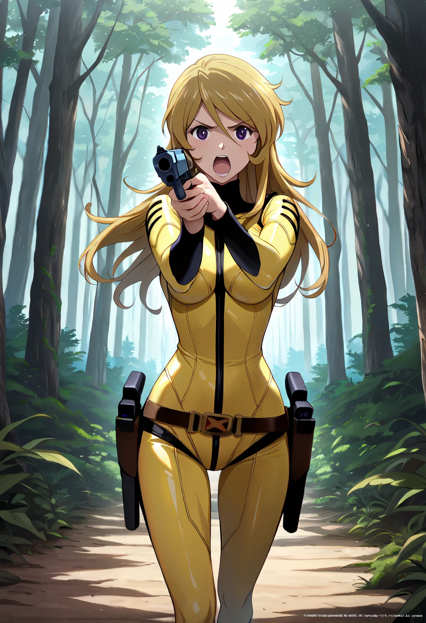 (masterpiece, best quality), , 1girl, fyuk1, solo, mori yuki, blonde hair, purple eyes, long hair, yellow_bodysuit , a angry face, open mouth, looking at viewer , outdoor, day, forest, walking, gun, holding gun, own hands together, hands up, point a gun,dark lighting,