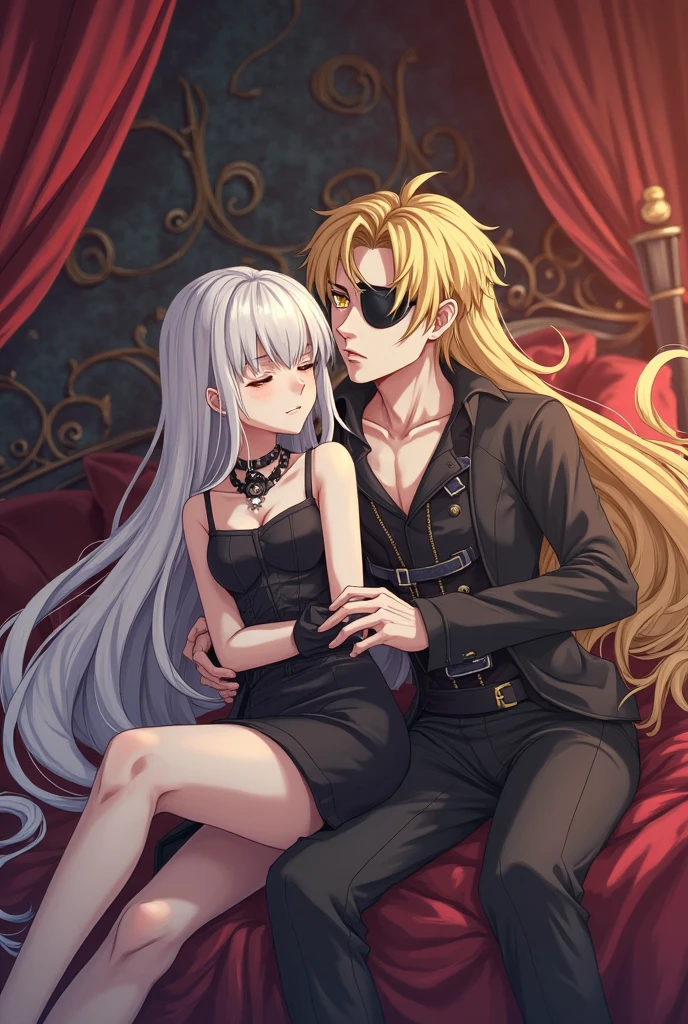 2.5D 2.5Danime Style 2.5D anime art Realistic anime Count Dracula is sucking the blood of a beautiful blonde Two beautiful people Two men and women Dracula and two beautiful blondes A woman with translucent white skin They are entranced A woman in a red dress leans back Dracula is biting her neck Count Dracula is also very handsome Nice guy A first stage that looks like it came out of an anime Perfect reproduction Perfect reproduction Detailed image Reproduction of the correct pose 2.5Danime Soft light Spotlight only on the bitten area