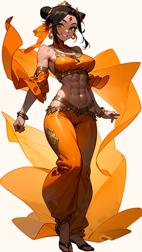 high resolution thick-line impact frame, character art (dark-skinned female), (black and orange hair in twintails, hetrochromia orange and gold Almond shaped eyes , full lips, full breast , shapely ass, wide nubian concave nose, heart shaped strong physique, strong, alluring,)::10 (immortal, Guild leader, wearing black boots and sensual red and orange summer dress:1.2). Wears a red tattoo of a Stylistic 'R' on her abdomen. Her right hand on hip with left hand glowing in a ghastly spiritual power. She has a strong magnificent body emmiting a visible silver aura., )::4 (masterpiece), high quality, Octane Render, intricate, intricate details, maximalist, highly detailed, finely detailed, ultra-detailed, Rival Schools, Edayn, udon, and Alex "oh8" Ahmed. The two-tone background features a busy festive futuristic street at night --