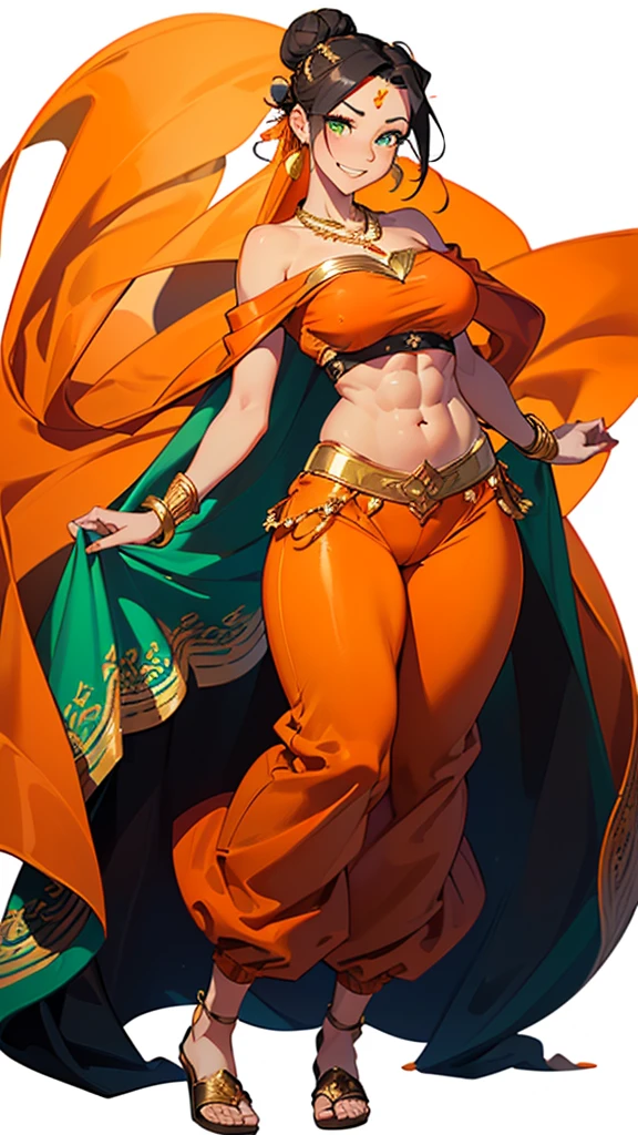 (masterpiece,best quality, 8k:1.2),(anime),1girl,mature female,igawa sakura,(Dark blue eyes, Eye light: 1.2), medium breast,wide hips, Beautiful face, beautiful breasts, beautiful belly, beautiful thighs, (A full display of temple jewellery, a pair of earrings, necklace, bangles, finger rings, highly detailed Vray rendering of a maang tikka, flashing light, colourful dress, hair ornament, gold embroidery, ancient India, midriff peek, waist jewellery, bangles with gold chains, (close up), golden shawl with intricate leaf embroidery, embroidered dress, (Kamarbandh:1.1), Smile), (Cowboy shot:1.5), dynamic poses, dynamic angles